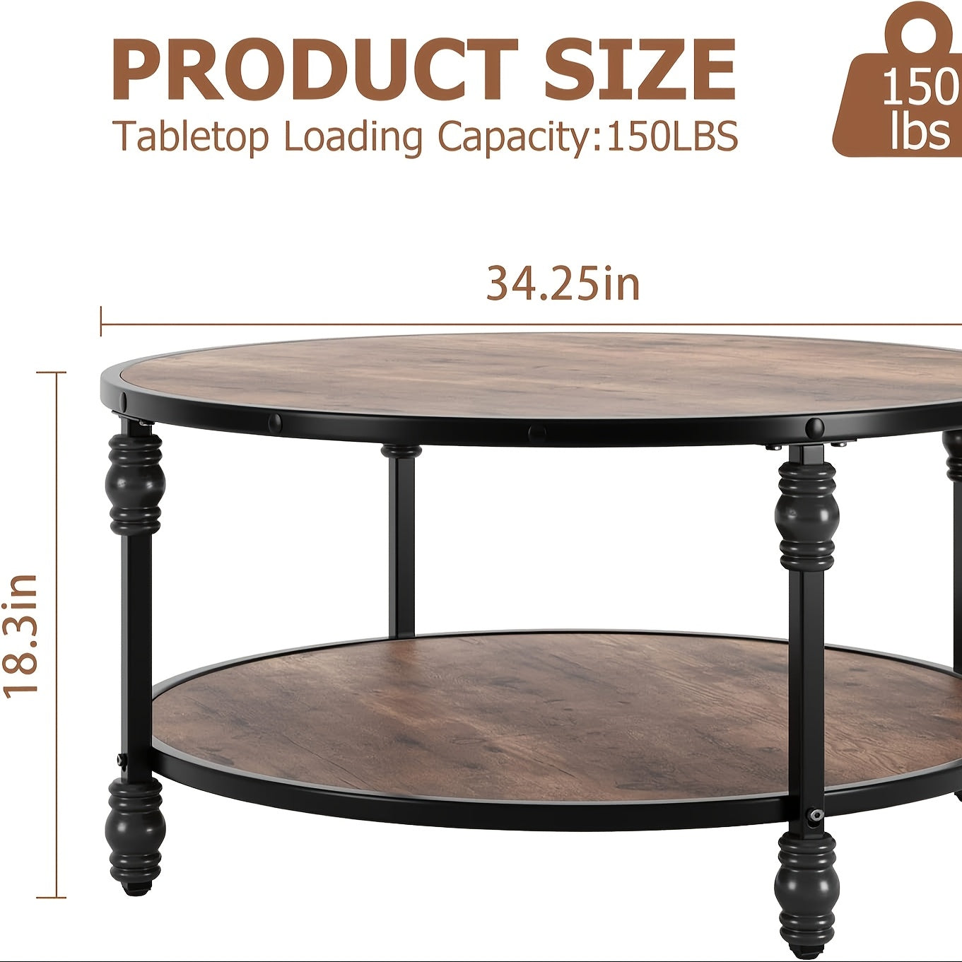 Round Coffee Table with StorageRustic Wtyle Solid Wood Coffee Table with Sturdy Metal LegsEasy to AssembleWooden Round Center Table Living Room Furniture