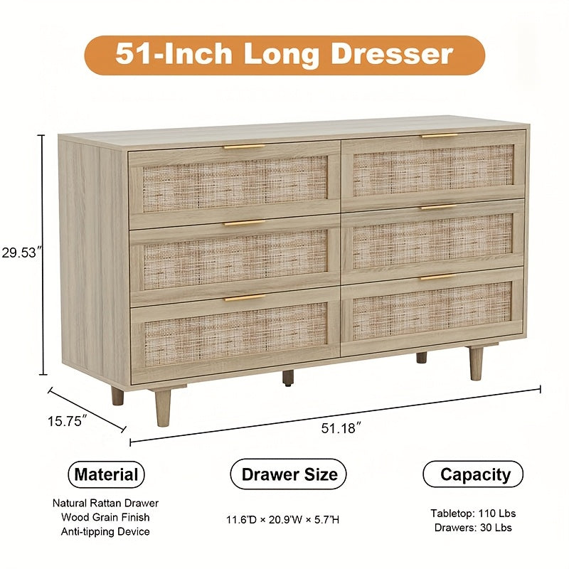 Elegant Boho 6-Drawer Dresser with Golden Handles - Natural Rattan & Wood, Sturdy Metal Frame, Convertible to TV Stand, Ideal for Bedroom & Living Room Storage, Versatile Dresser|Vintage Aesthetic|Sturdy Frame Construction, D