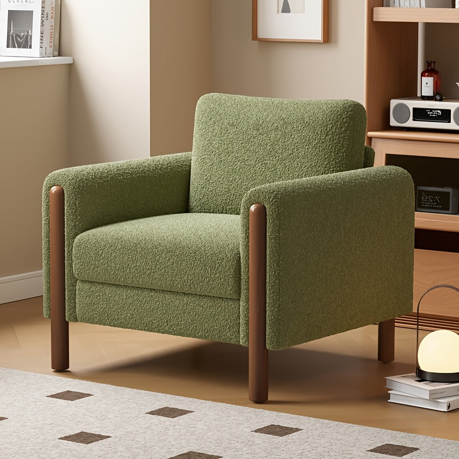 Luxurious Green Upholstered Accent Chair with Walnut Legs and Curved Armrest - Soft Cushioned Single Sofa for Living Room