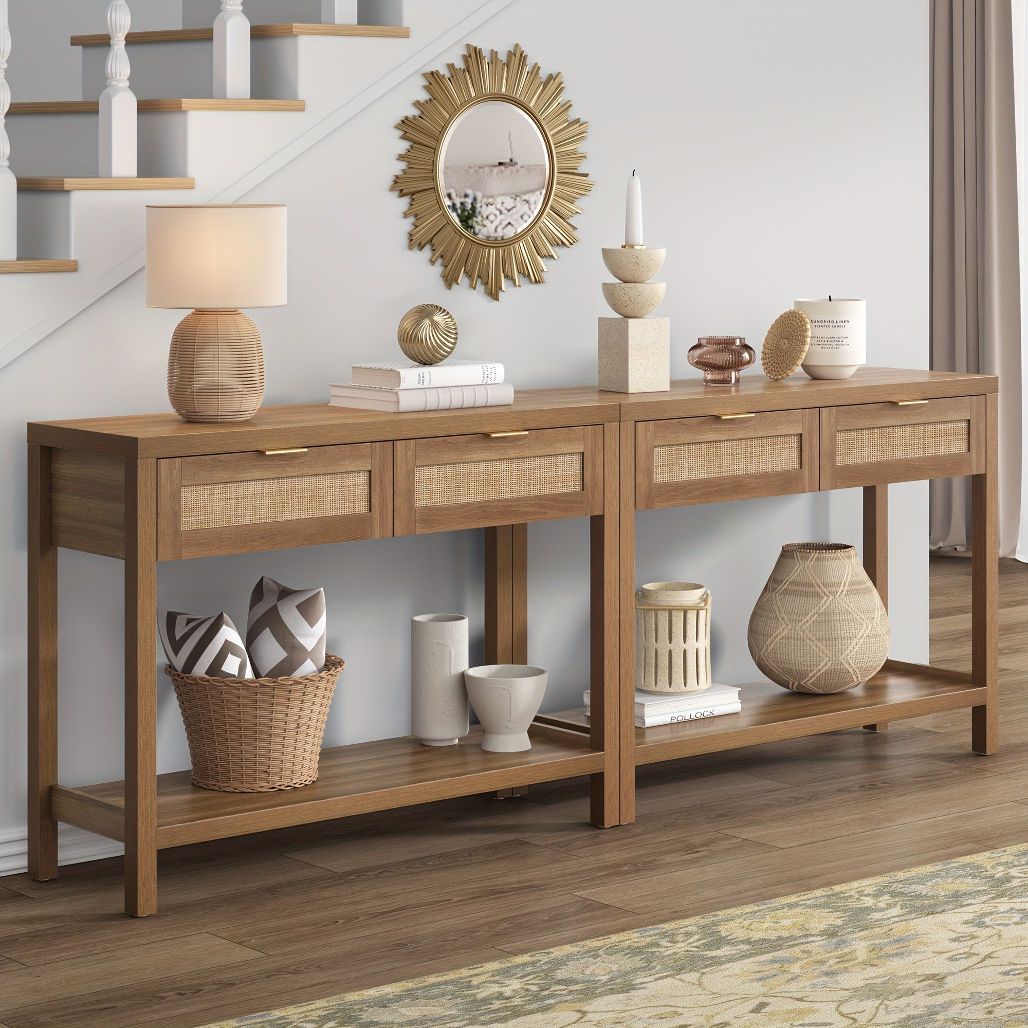 Rattan Console Table With Drawers, Wood Narrow Sofa Table Entryway Table For Hallway, Living Room