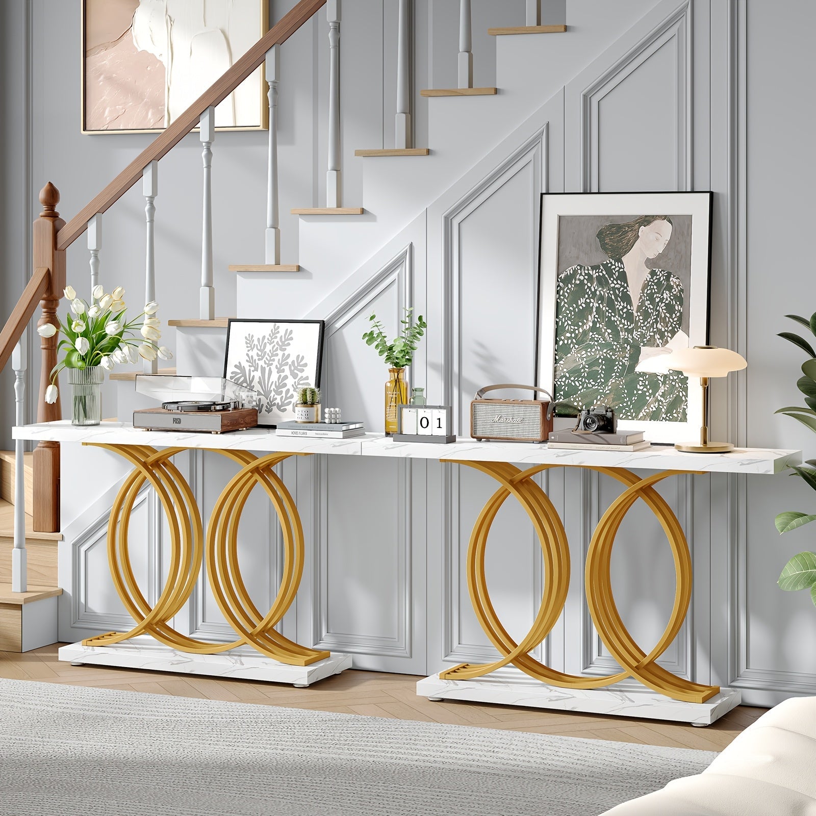 55 Inch Console Table For Hallway, Faux Marble Golden Entryway Table With Geometric Metal Base, Modern Narrow Sofa Accent Table For Entrance, Living Room, Foyer (White & Golden)