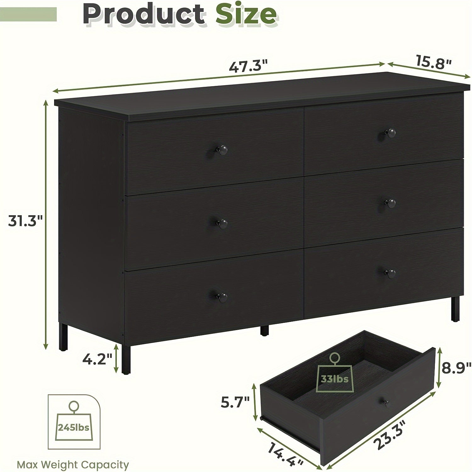 6 Drawers Dresser With Steel Frame Modern Chest Of Drawers For Bedroom Living Room Black - 15.8’’D x 47.3’’W x 31.3’’H