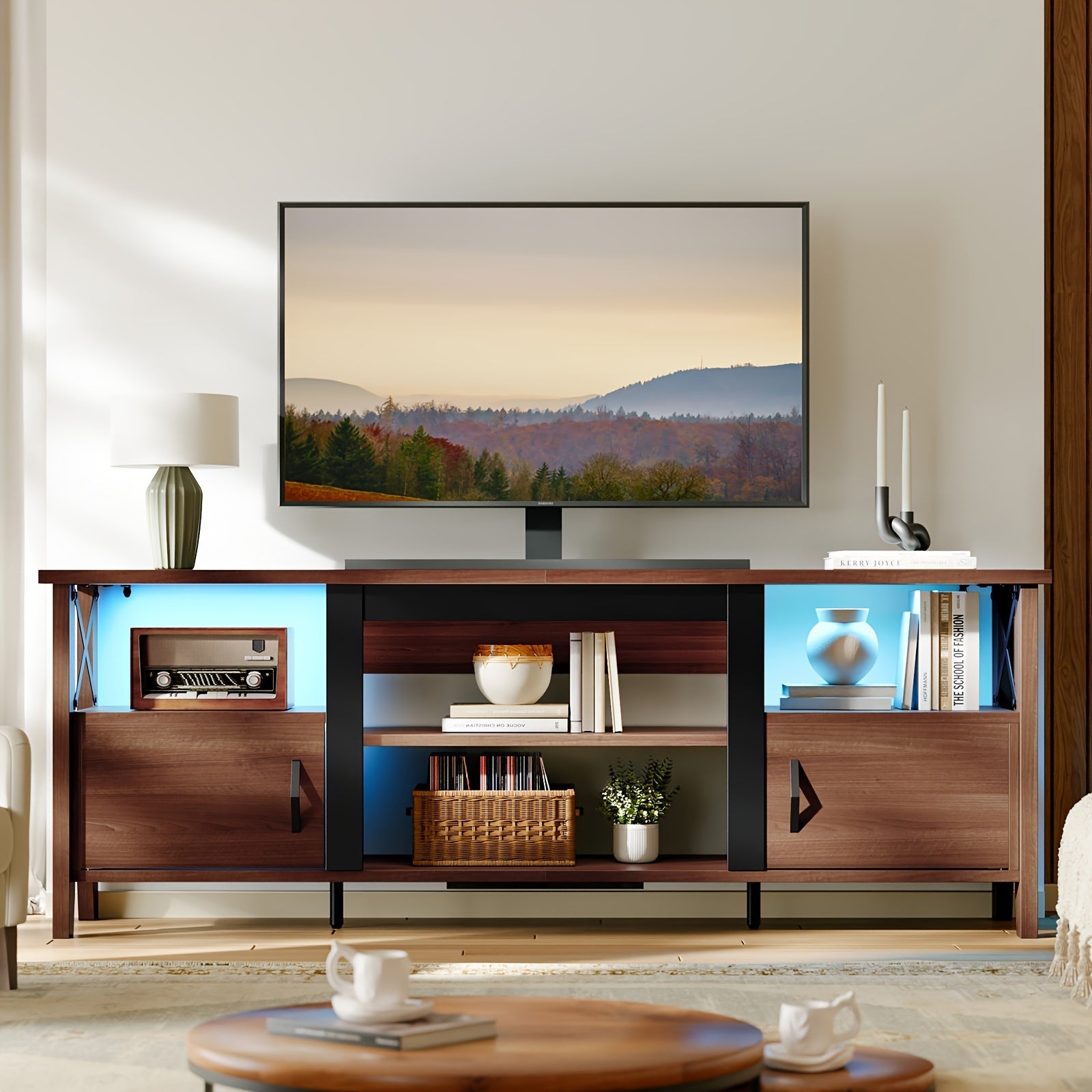 Farmhouse TV Stand For 70 Inch TV, Gaming Entertainment Center With LED Lights, 63'' Inch TV Console With 2 Storage Cabinets And Shelf For Living Room, Sturdy, Easy To Assemble - Perfect For Living Room