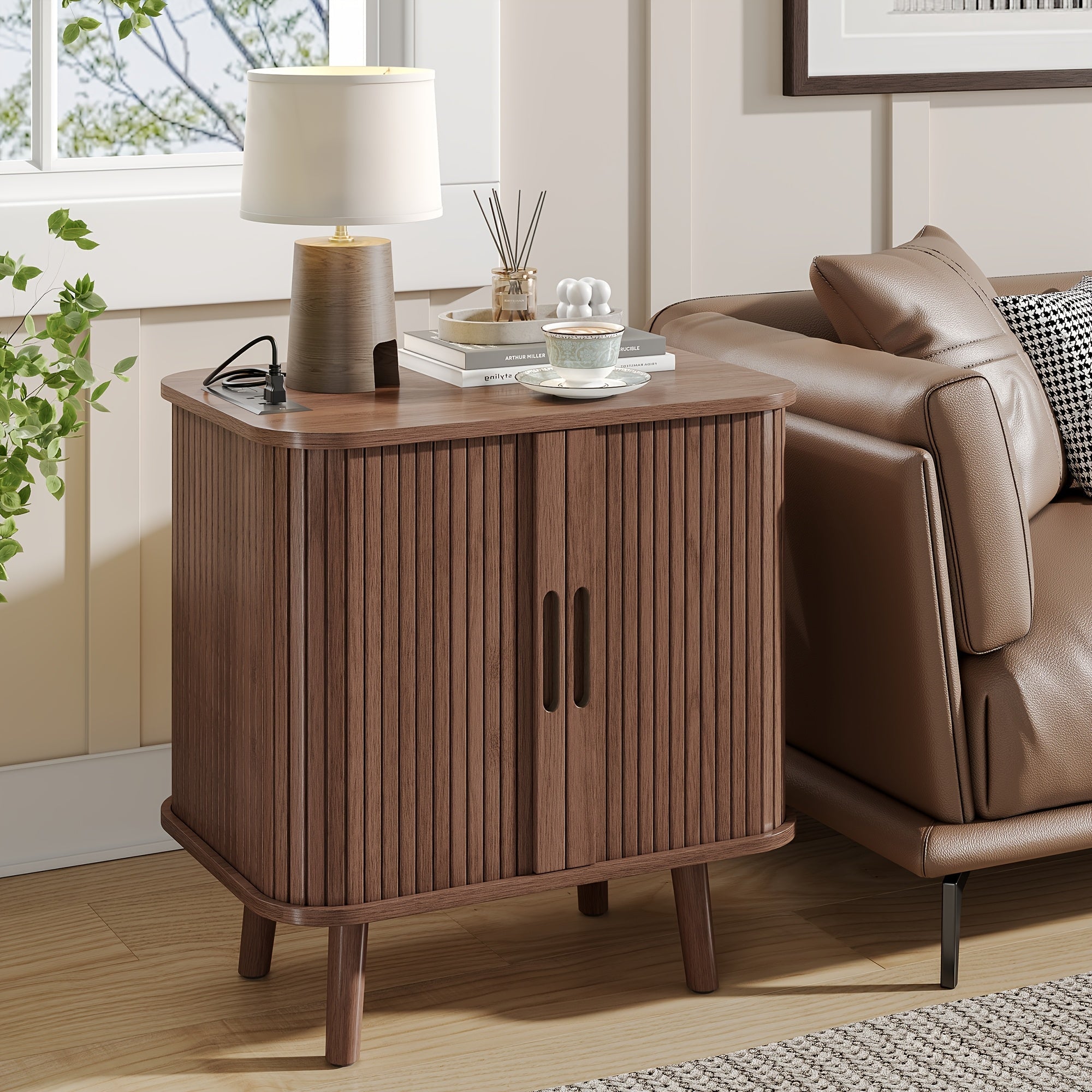 Mid-Century Modern Wood Nightstand with Sliding Doors, Non-Waterproof Solid Wood Bedside Table, with Drawers and Shelves, for Bedroom and Living Room