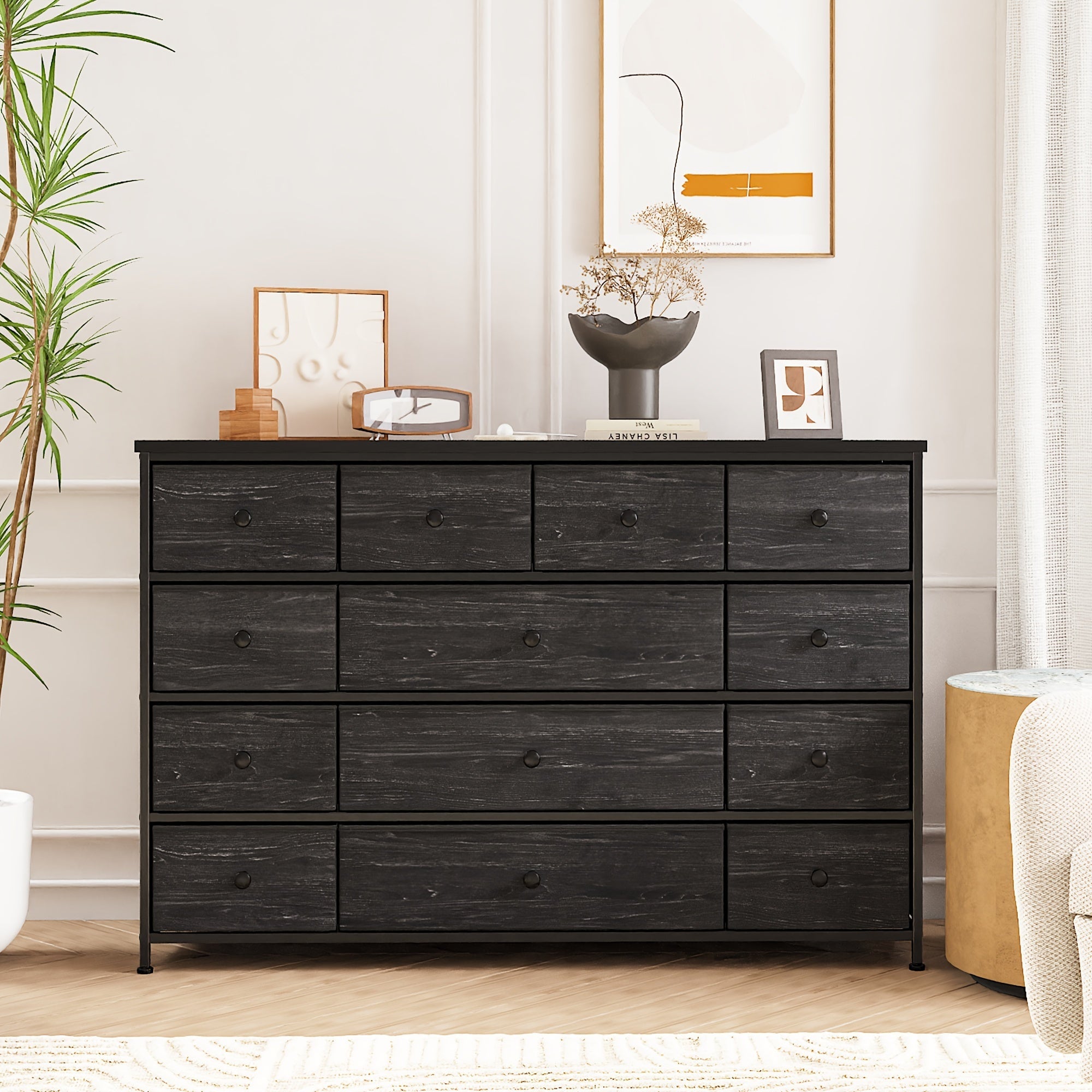 Black Dresser Dresser for Bedroom Dresser with 13 Storage Drawer Dressers & Chests of Drawers for 55’’ TV Black Dresser