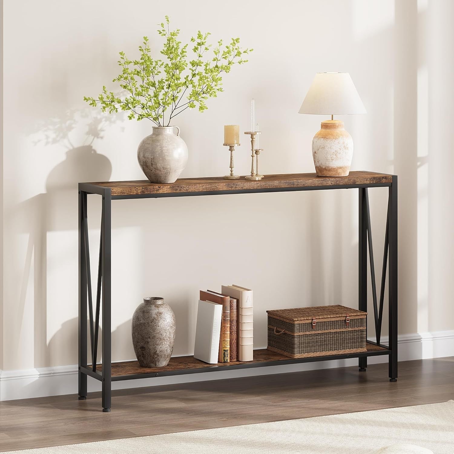 Chic 43" Industrial Side Table with Storage - 2-Tier Console, V-Design, Hardwood & Metal Frame - Ideal for Entryway, Living Room, Foyer - Features Narrow Sofa Table & Decorative Elements Display, Table Decor