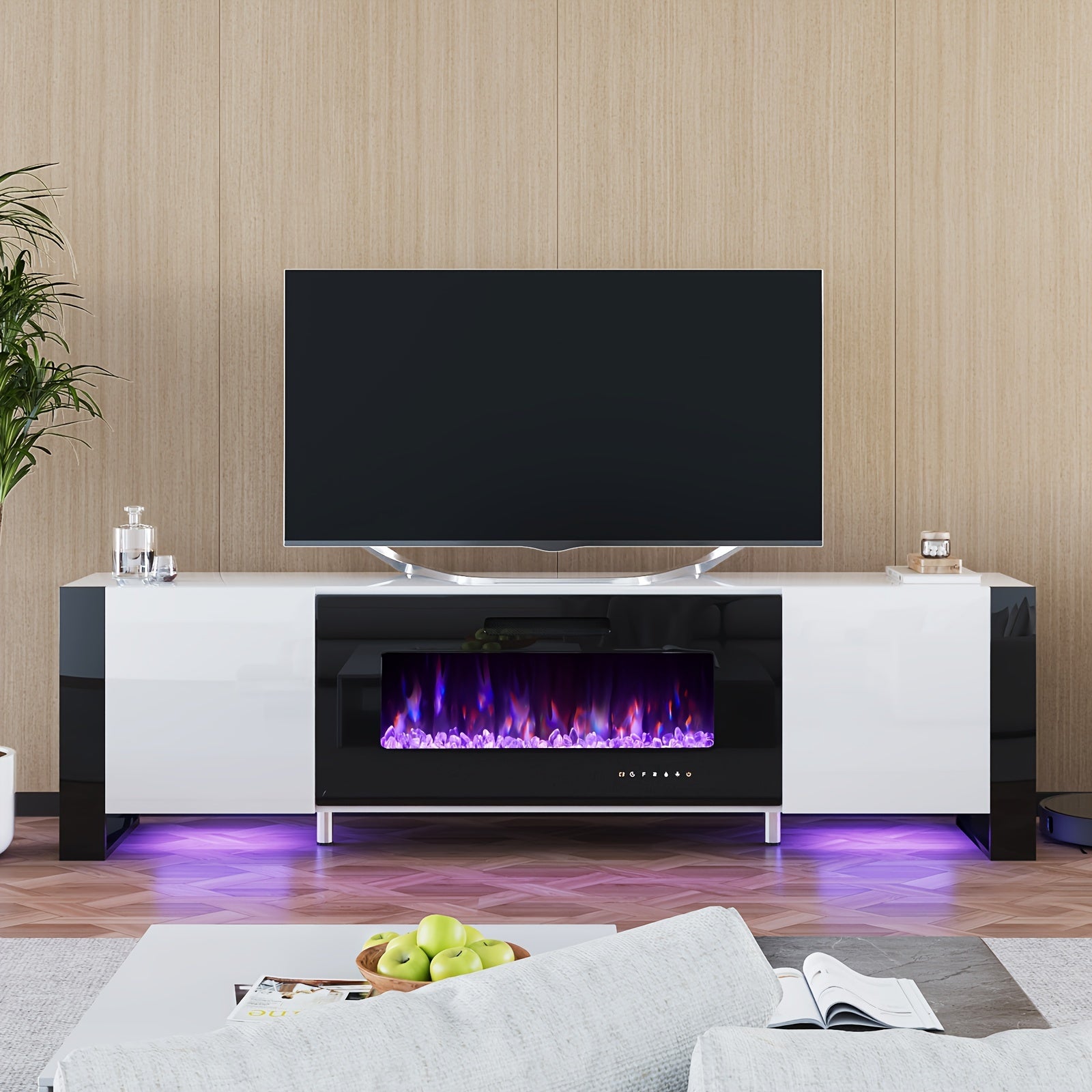 Fireplace TV Stand With Fireplaces, Modern High Gloss Entertainment Center LED Lights, U-Shaped Legs TV Console Cabinet For Living Room