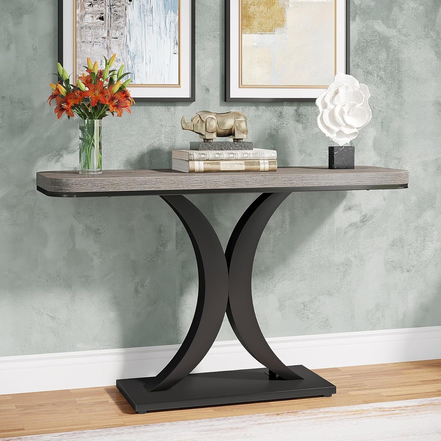 40" Slim Console Table - Rustic Two-Tone Design with Geometric Base, Waterproof MDF, Perfect for Entryway, Living Room, or Hallway Decor, Utility Hooks