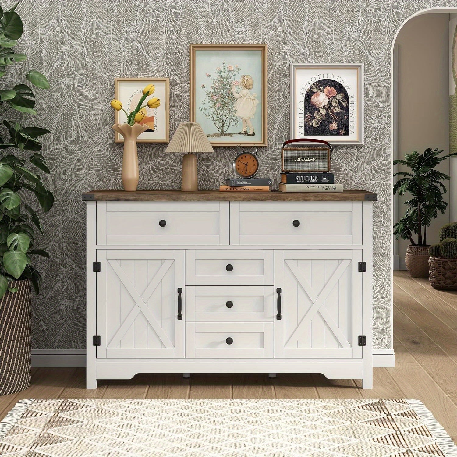 Solid Wood Farmhouse Dresser Chests for Bedroom with 5 Drawers & 2 Barn Doors Tall Chest of Drawers Rustic Dresser TV