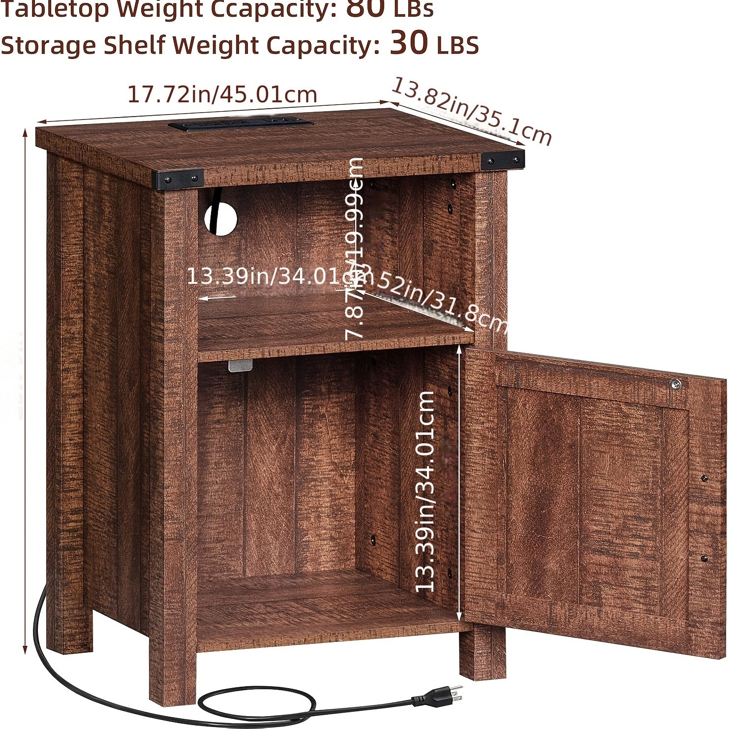 Night Stand With Charging Station And USB Ports, Farmhouse Nightstand With Storage Shelf, Rustic Couch End Table With Magnetic Door, Wood Bed Side Tables For Bedroom, Home