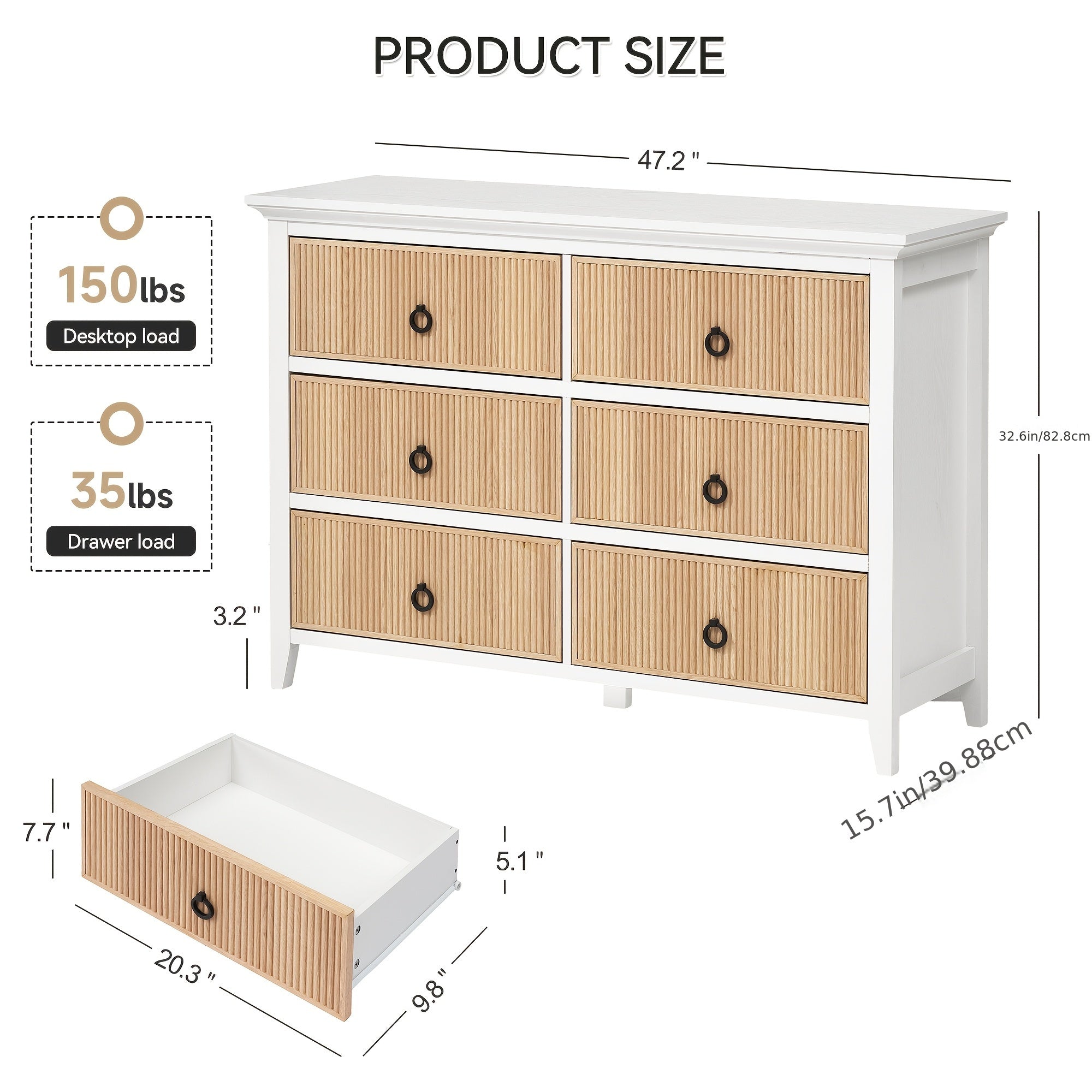 6 Drawer Dresser, Modern Closet Dressers Chest With Waveform Fluted Dresser, 47.2''Wide Wood Storage Dresser Organizer For Nursery Bedroom, Hallway, Closet, Living Room, Storage Drawer Units