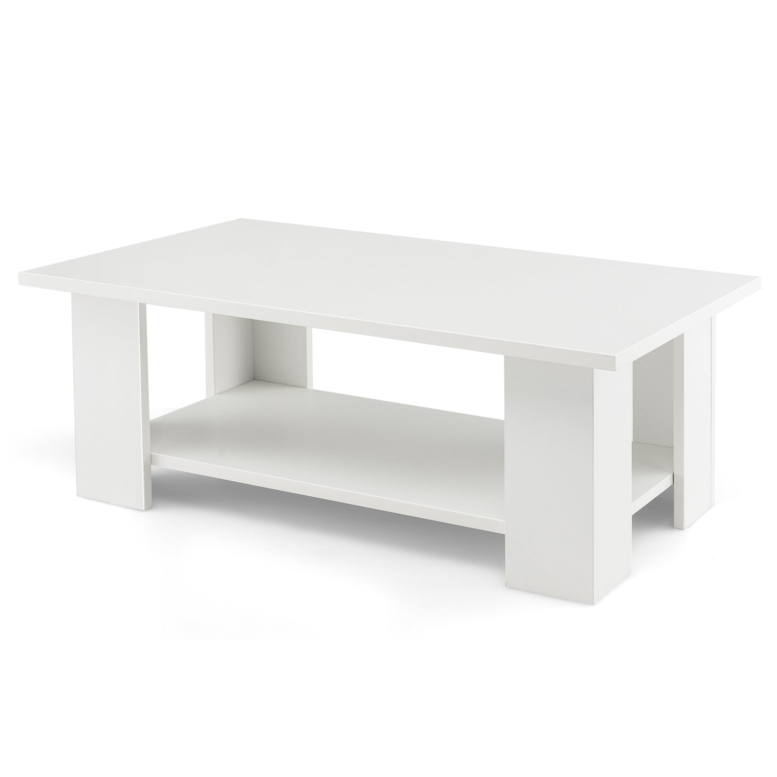 Coffee Table, Modern 2-Tier Center Table with Open Storage Shelf, Rectangular Cocktail Table with 5 Support Legs, Wooden Accent Living Room Furniture, White