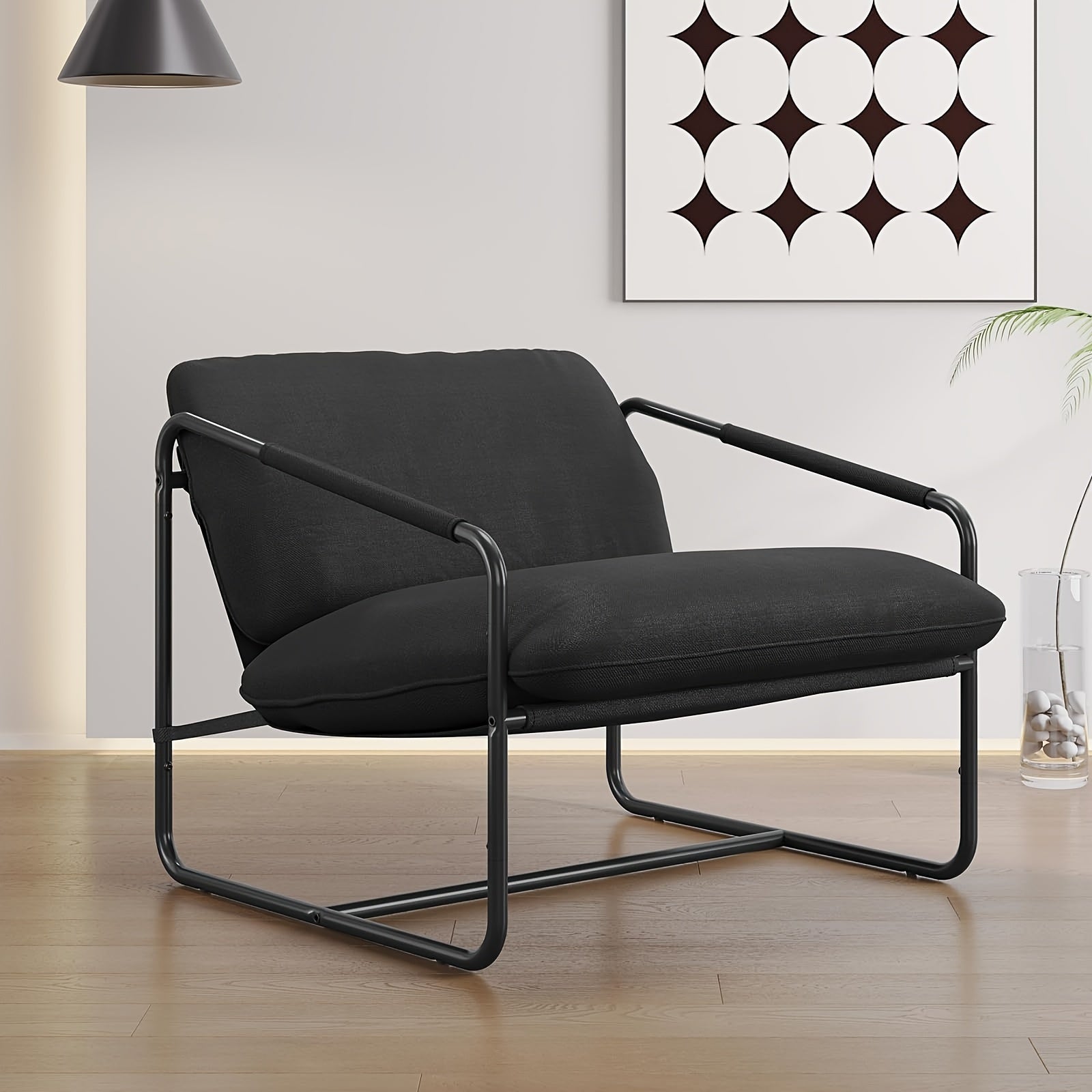 1pc Black Modern Metal Frame Armchair with Cushion, Leisure Chair for Living Room Bedroom Balcony Studio, Sling Accent Chair