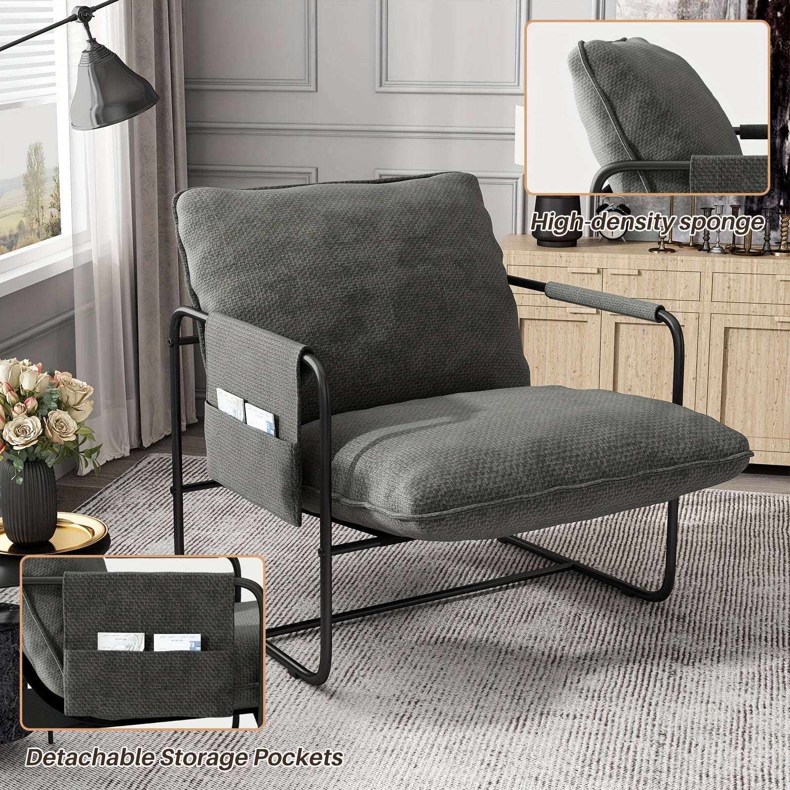 Modern Accent Velvet Fabric Sling Chair, Metal Frame Upholstered Armchair With Removable Storage Bag For Bedroom Reading Office, Easy To Assemble