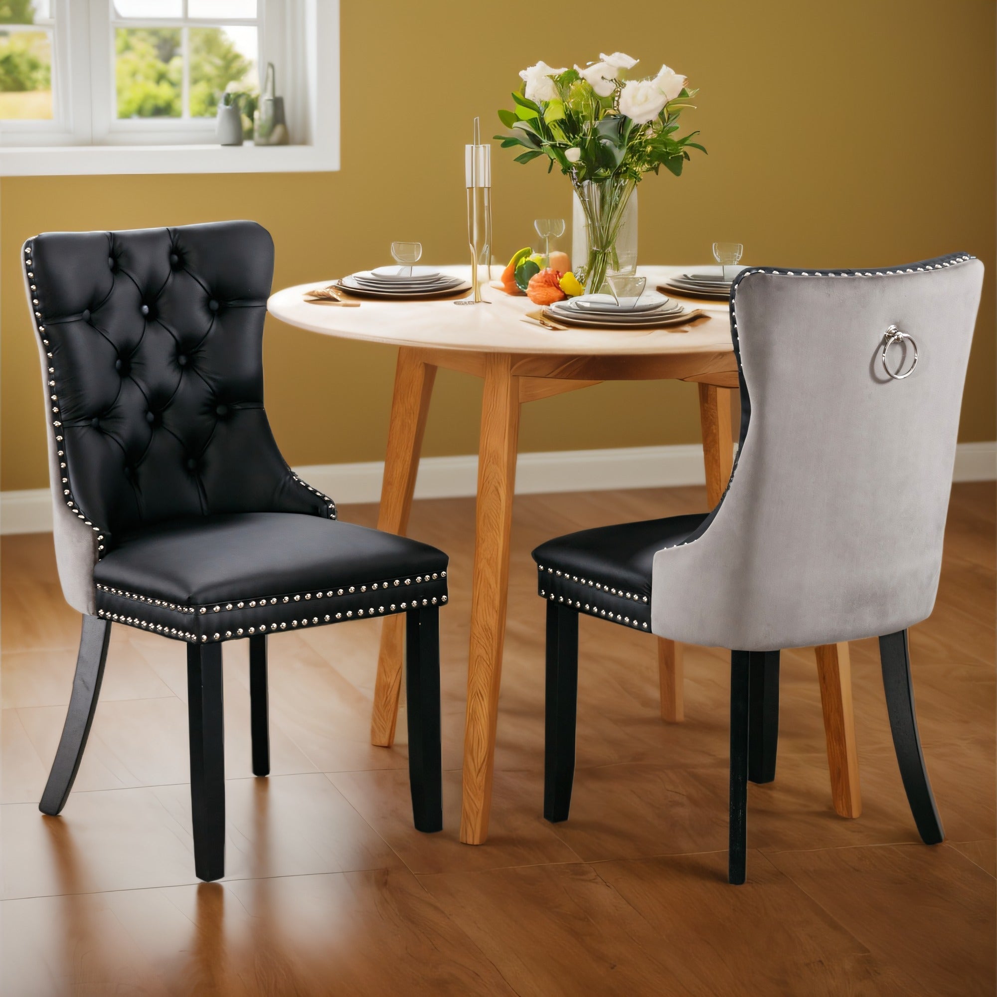 Modern Faux Leather Upholstered Dining Chair 2-Pcs Set, High-end Tufted Solid Wood PU and Velvet Upholstered Dining Chair, Chrome Nailhead Trim, Casual Style, for Kitchen, Dining Room, Living Room (White+Black/ Black+Orange/