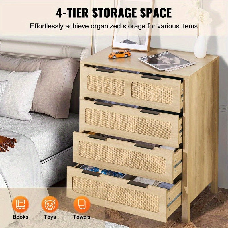 7 Drawer Rattan Dresser Boho Dresser Natural Rattan Chest of Drawers with Spacious for Bedroom Living Room and Hallway Rattan Nightstand with Sturdy HandlesandLegs Natural Wood