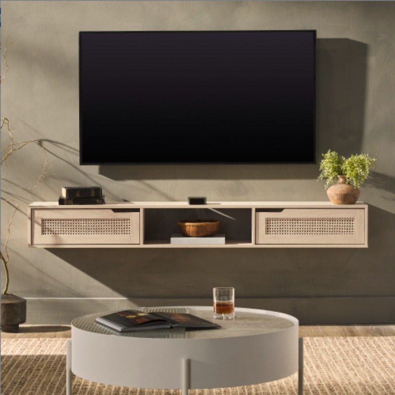 Elegant Dark Wood Floating TV Stand with Natural Rattan Doors, Open Shelves & Sliding-Out Storage - Fits TVs Up to 65 Inches - Ideal for Modern Living Room