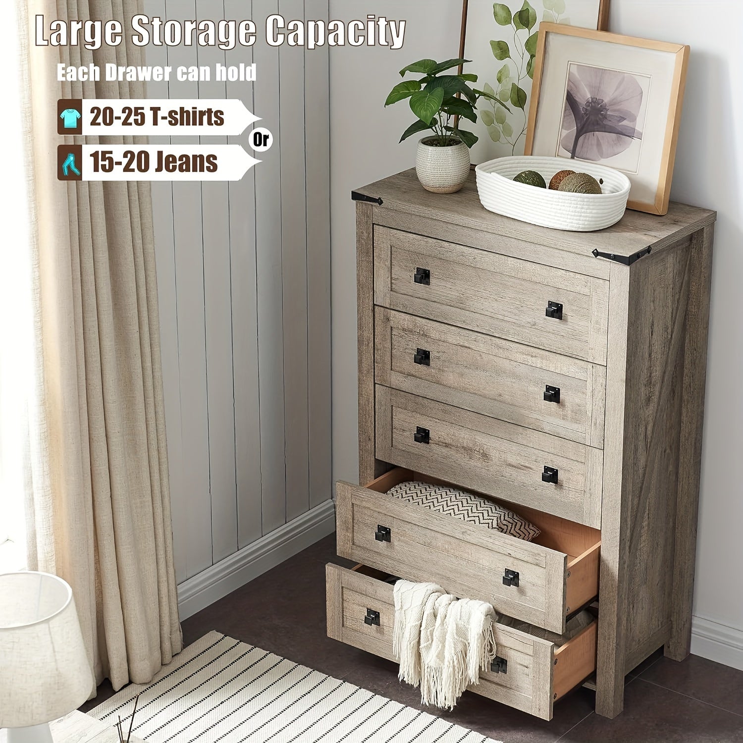 Charming Rustic Farmhouse 5-Drawer Dresser - Natural Wood Finish with Black Handles, Sturdy Engineered Wood Construction, Smooth Gliding Drawers for Bedroom, Living Room, Hallway Storage