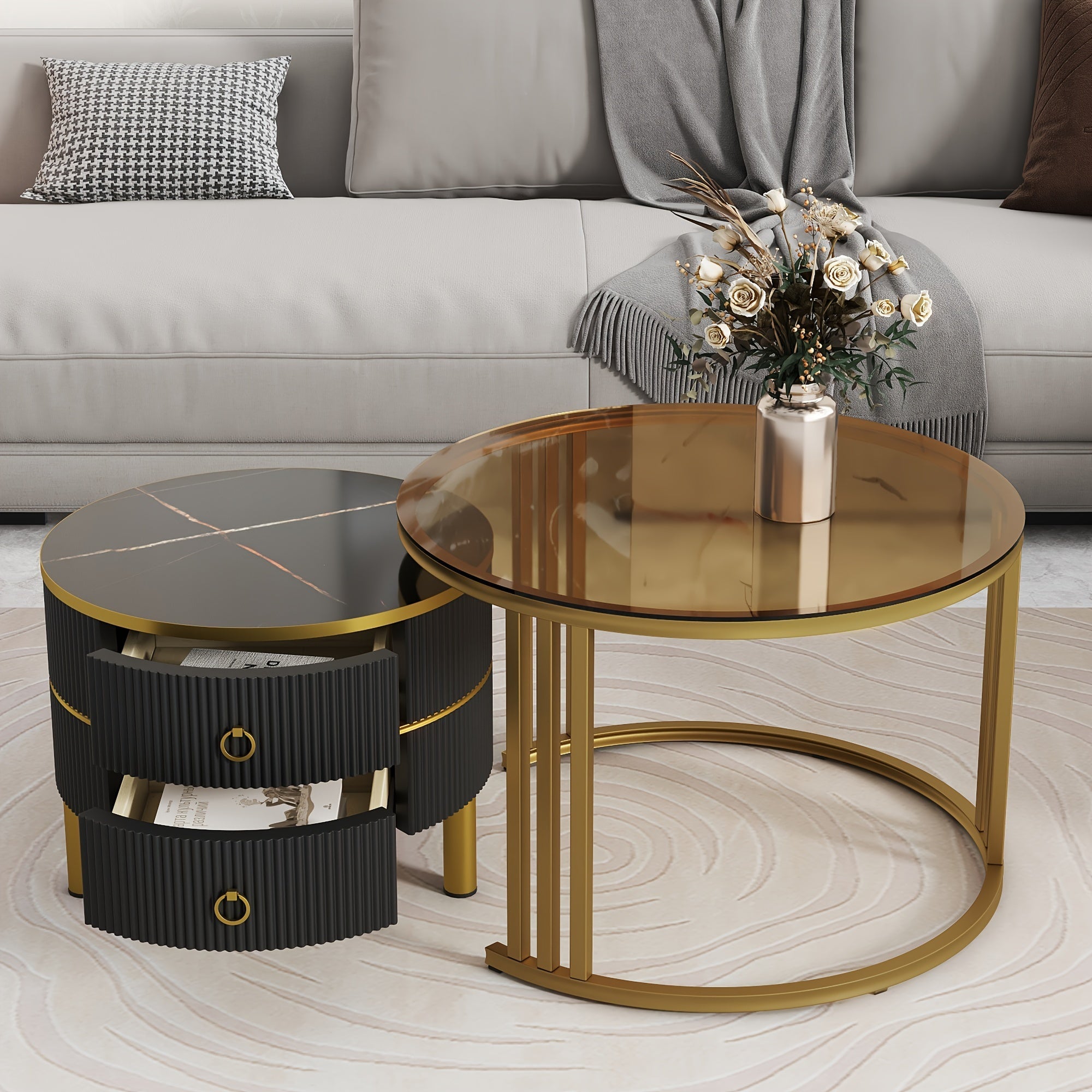 2-Piece Stackable Coffee Table With 2 Drawer Set With Brown Tempered Glass And High-Gloss Marble Top, 2-Piece Living Room Round Center Table, Patio Table, White, Gold, Black, Modern, Pop Storage