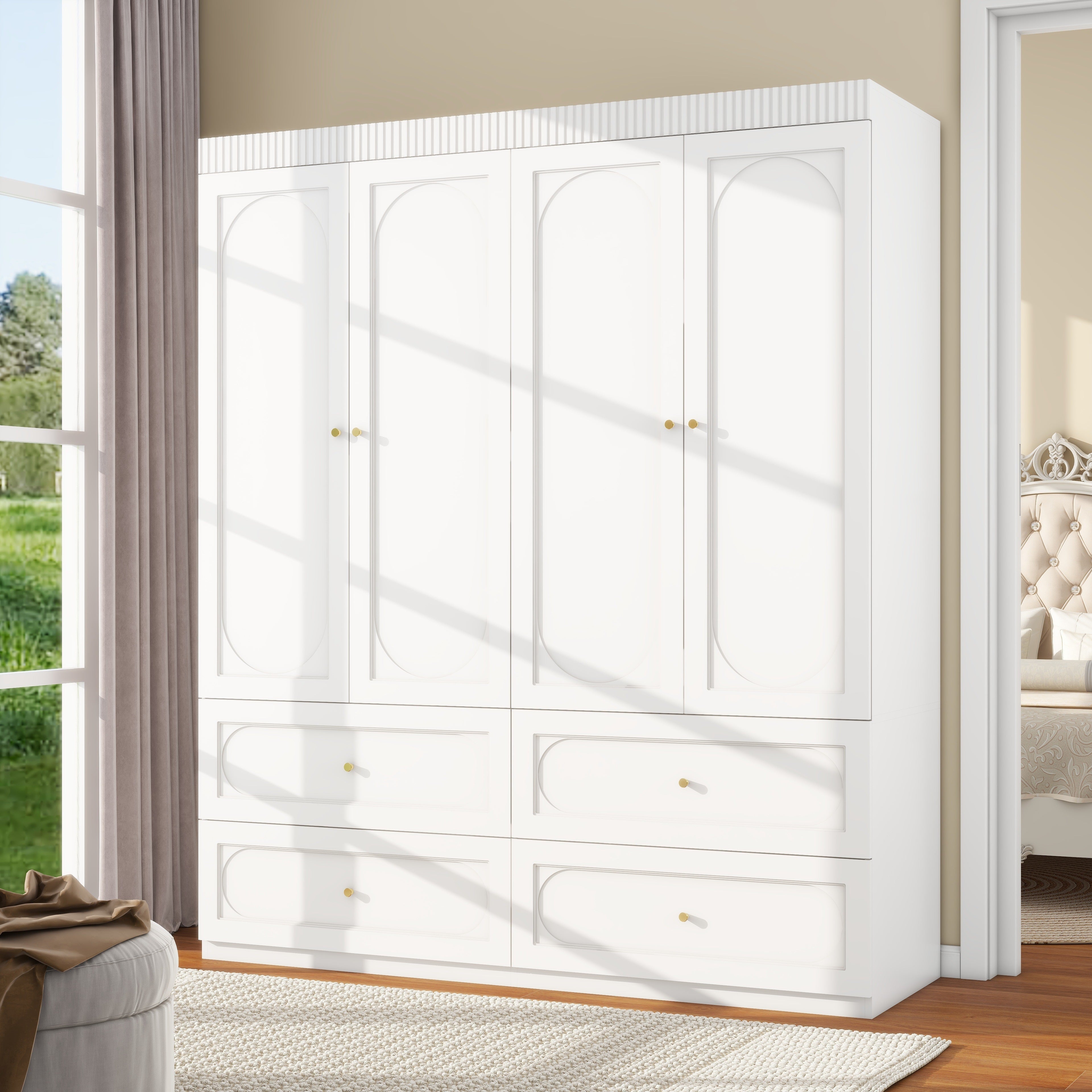 Bedroom Armoire Wardrobe Closet With 4 Drawers, 74" White Wood Closet For Hanging Clothes, Cabinet For Clothes With 4 Doors, Large Wardrobe Closet With Shelves