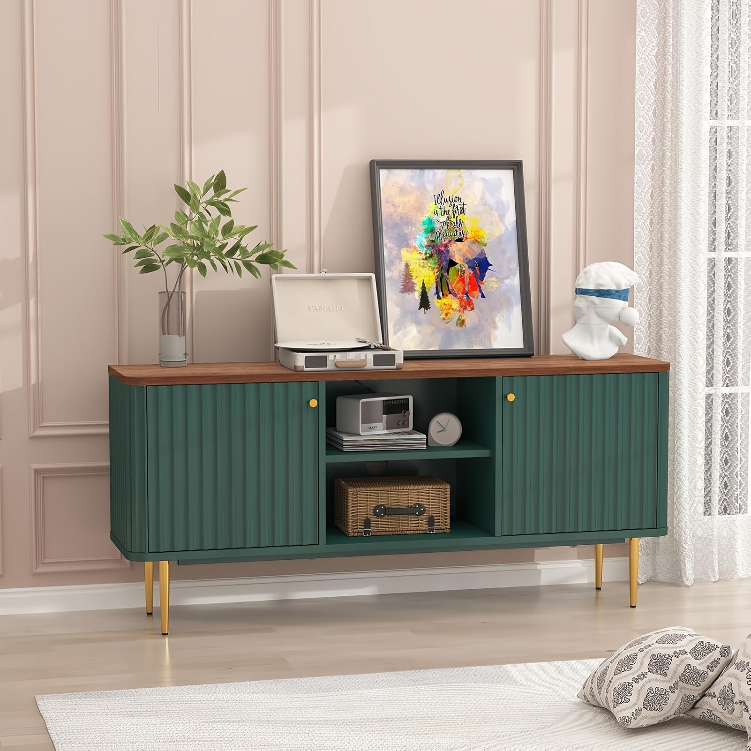 55" Fluted TV Stand - Mid-Century Modern White Entertainment Center with Golden Accents, Ample Storage for 55/60/65 Inch TVs, Ideal for Living Room & Bedroom Decor, TV Console, Media Console