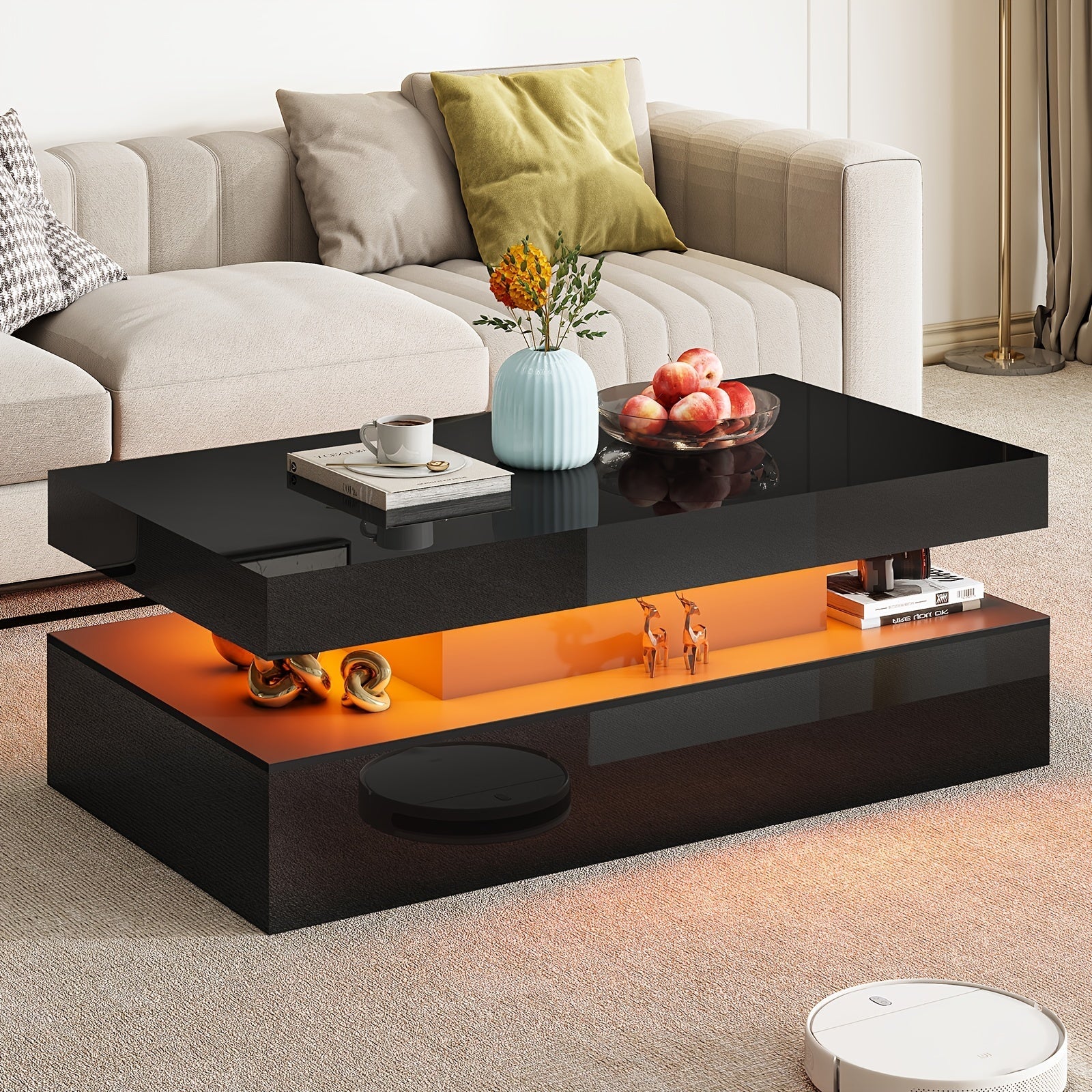 High Gloss LED Coffee Table, Modern 2-Tier Center Table With LED Lights, Open Storage Space