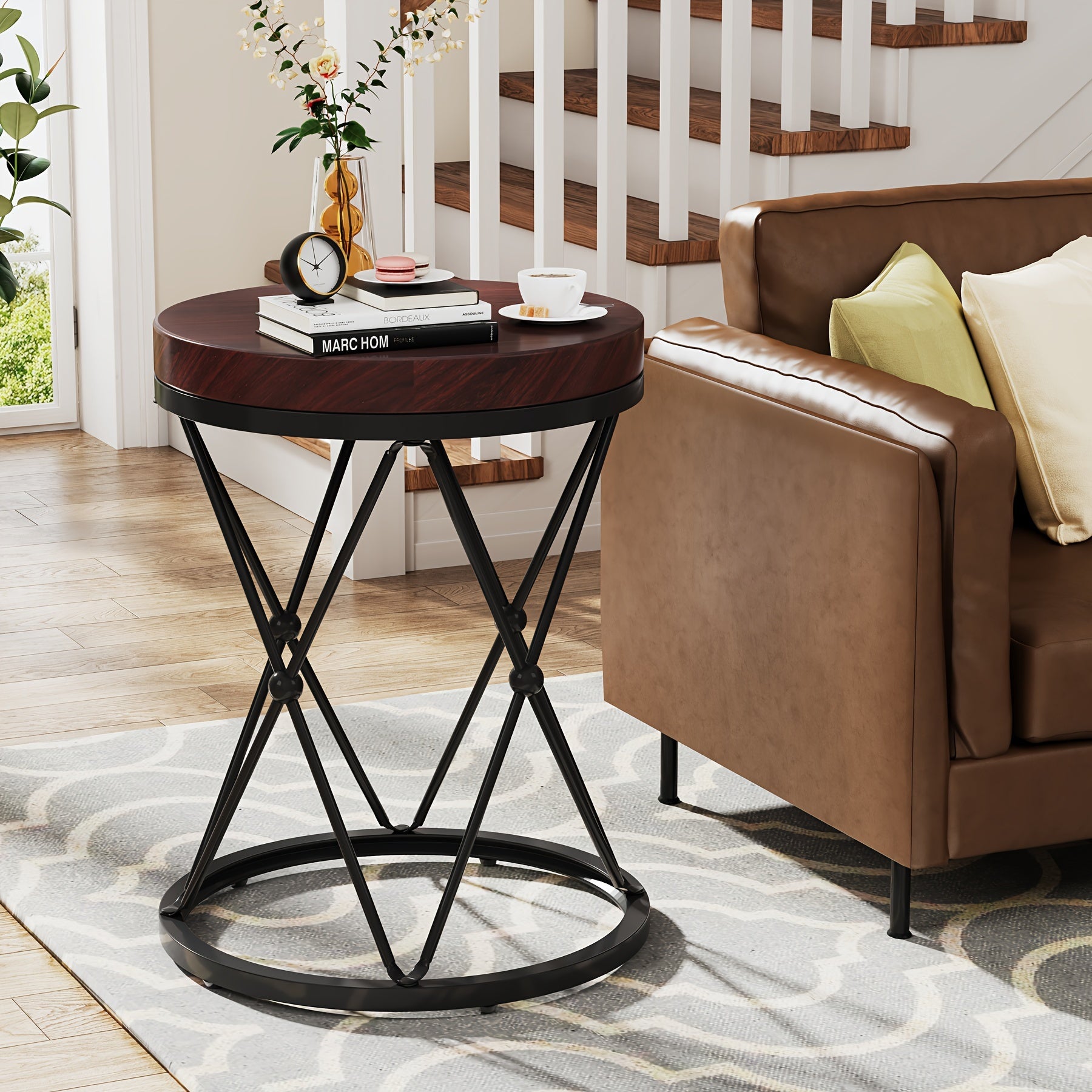 19.69" Round End Table, Modern Sofa Side Table With X-Shaped Base, Wooden And Metal Cocktail Table Accent Table Nightstand For Living Room Bedroom