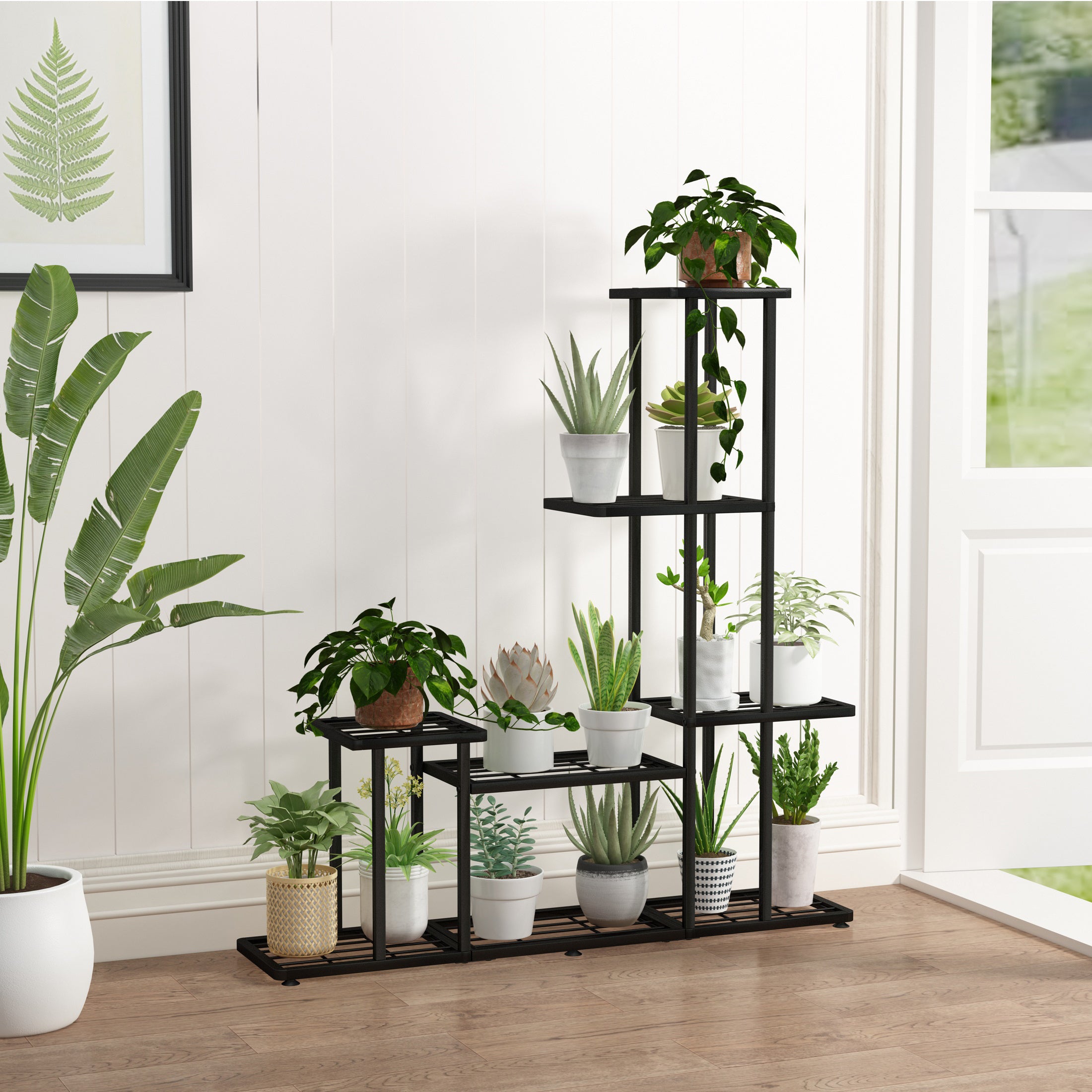 5-Tier Metal Plant Stand, Multifunctional Black Steel Shelf for Indoor and Outdoor Plants, Decorative Garden, Patio, Balcony, and Yard Plant Holder