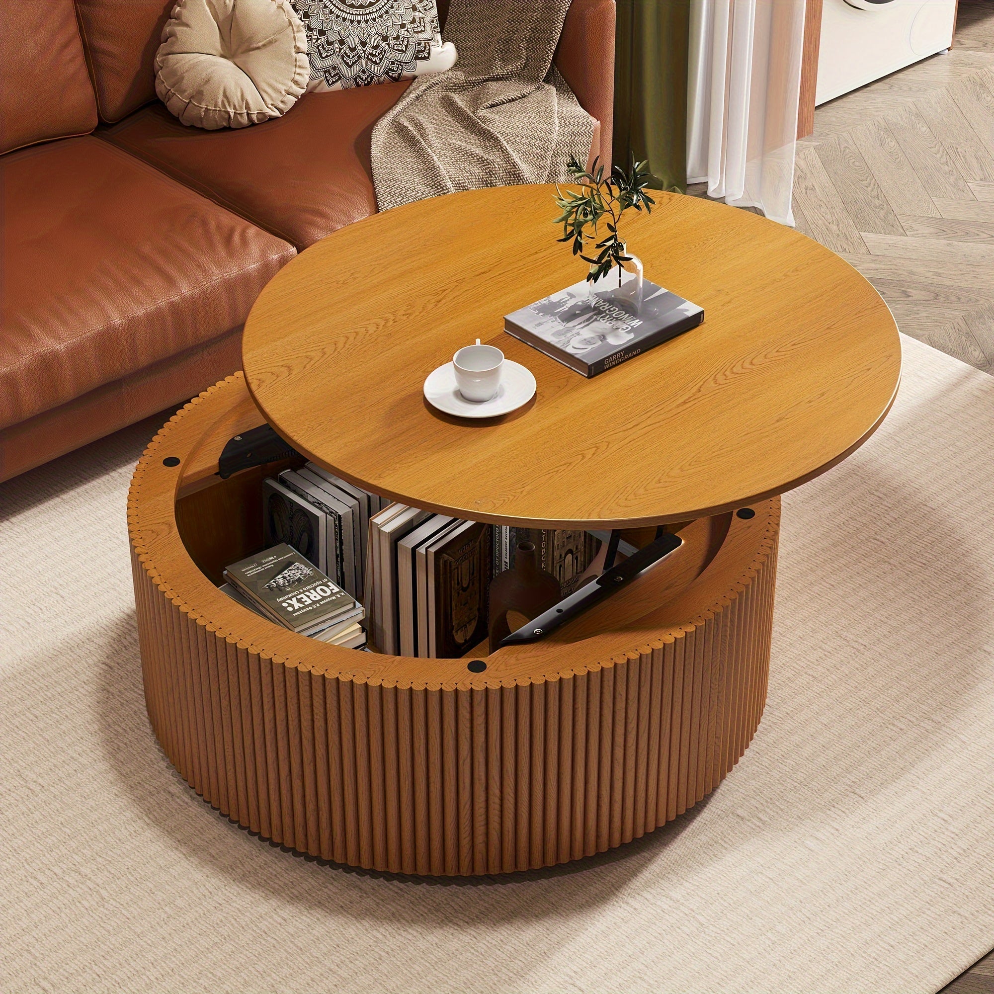 Round Lift Top Coffee Table Wooden Walnut With Hidden Storage Space For Living Room