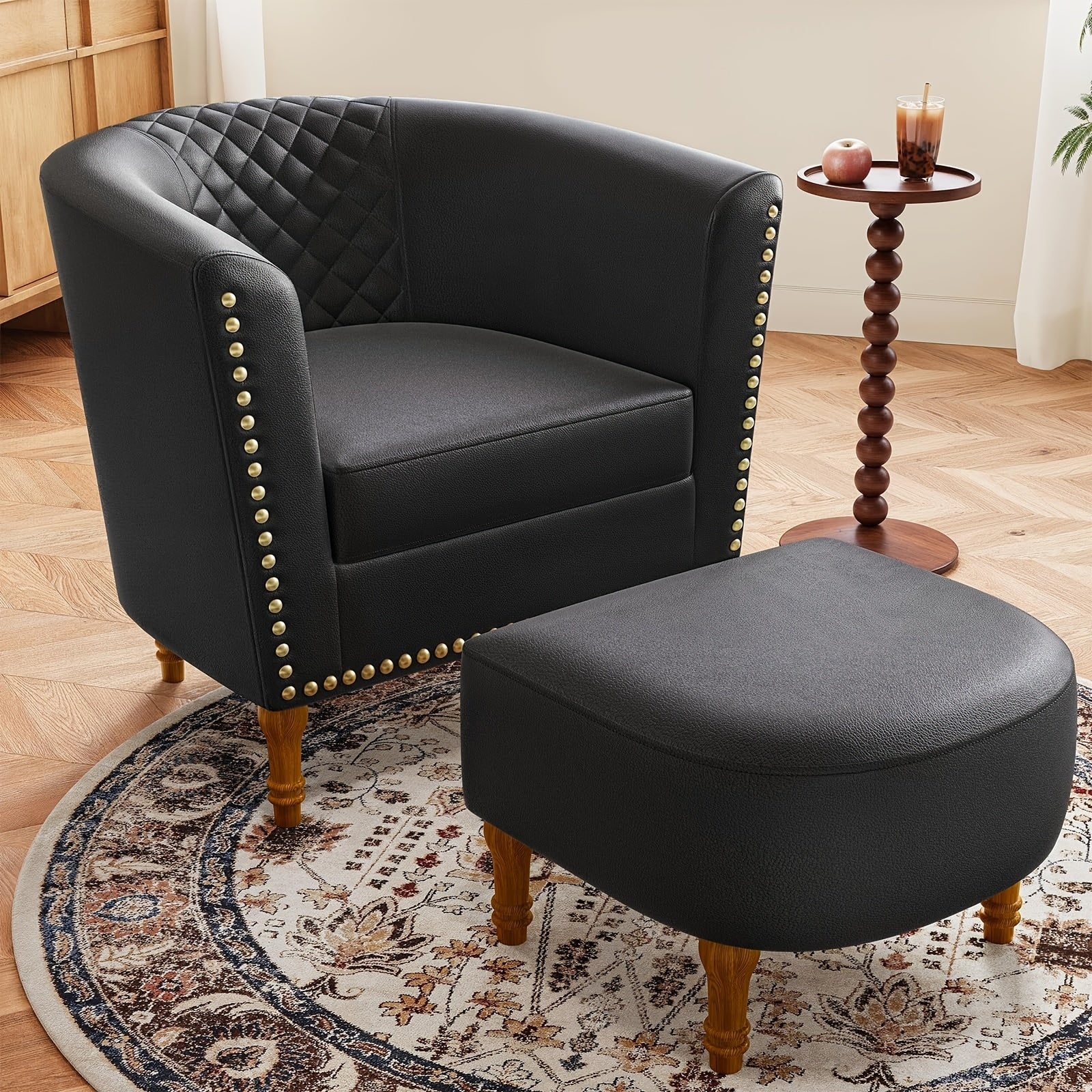 Barrel Chair With Ottoman, Accent Chair, Faux Leather Armchair Club Chair With Soft Cushion & Solid Wood Legs For Living Room, Bedroom