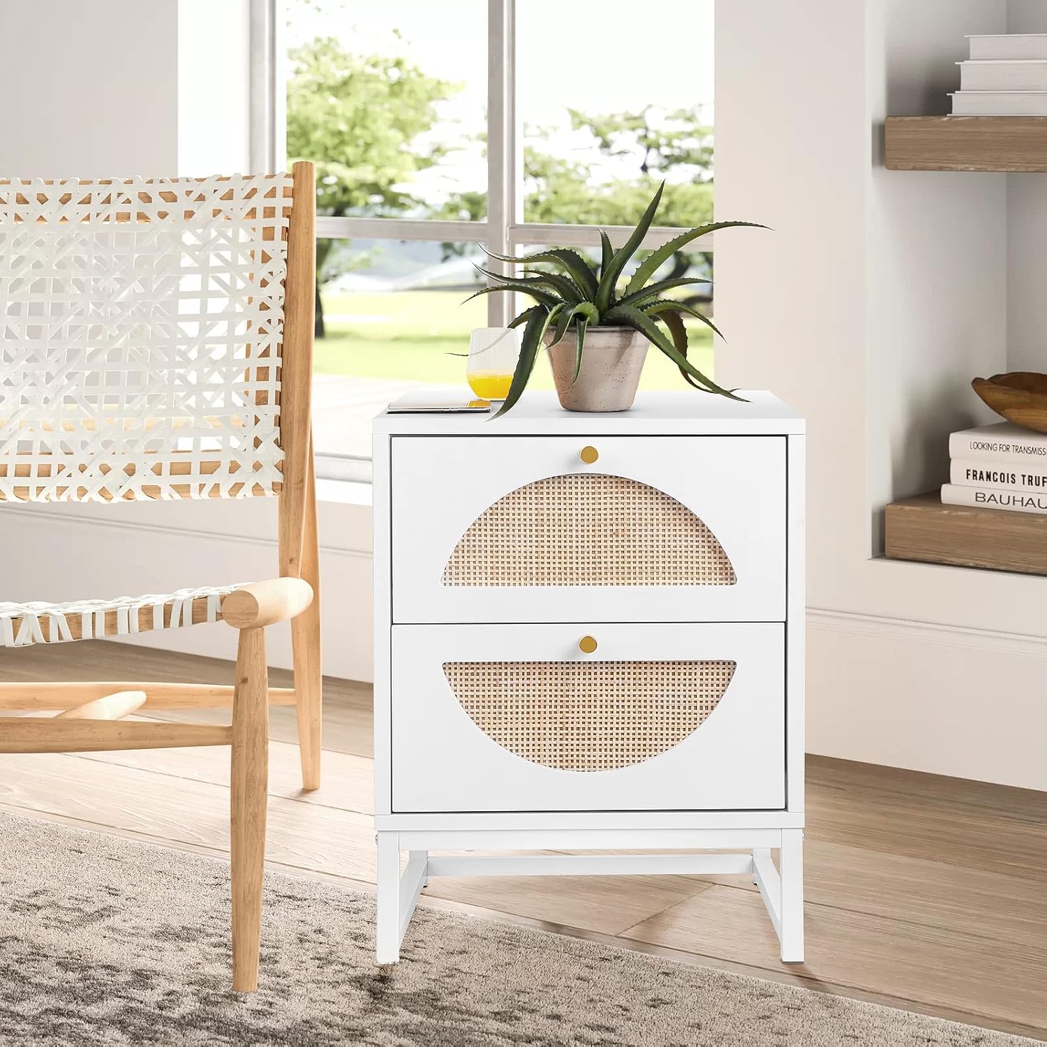 Boho Rattan Nightstand, End Side Table with 2 Rattan Drawers, Wood Square-Shaped Bedside Table with Storage and Metal Leg, Accent Sofa Side Table for Home, Office, Living Room, Bedroom, White