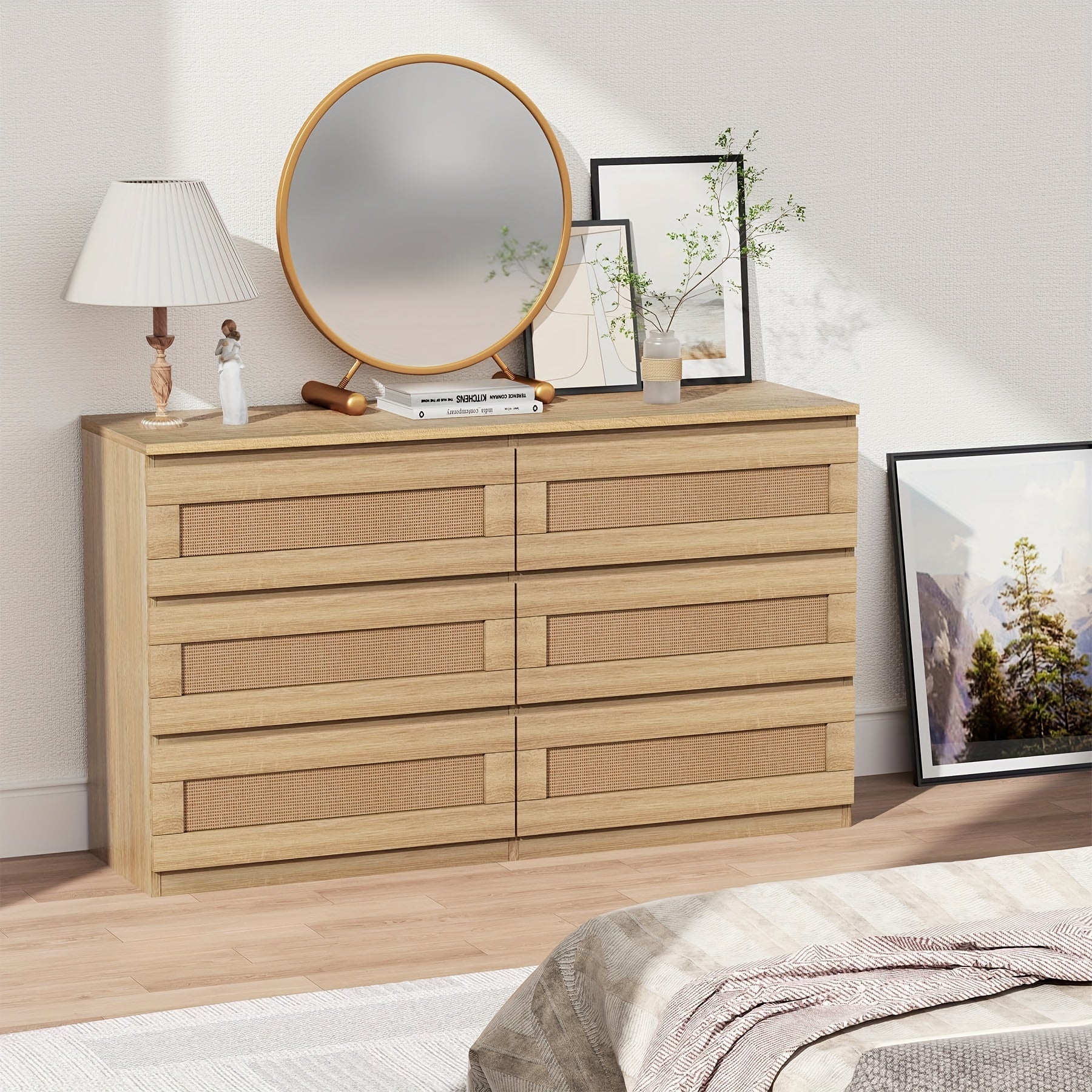 Rattan Dresser For Bedroom 6 Drawer Dresser For Bedroom Modern Wide Chest Of Drawers With Anti-Tip Kit & Smooth Slide