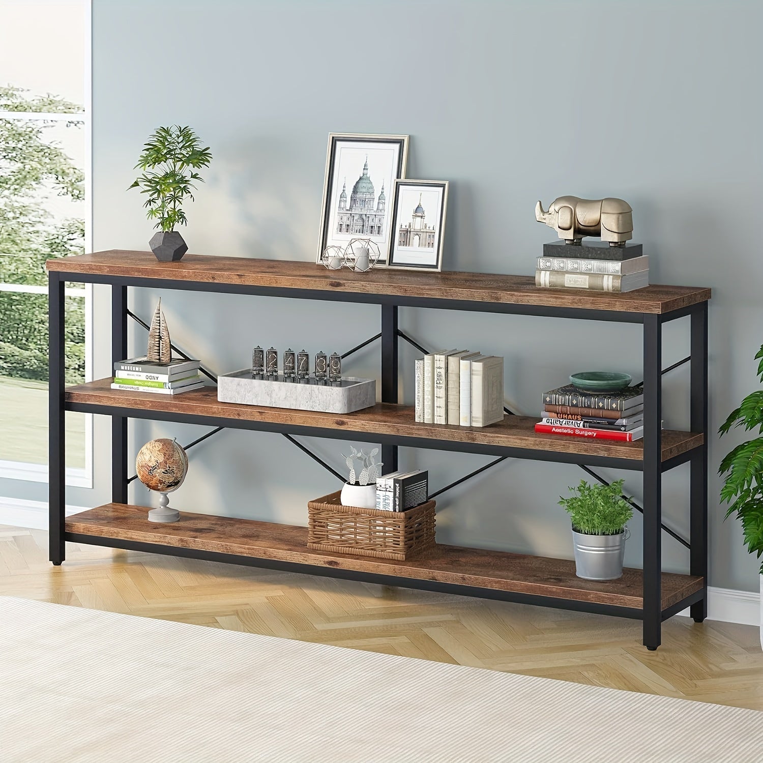 Extra Long Console Table, 3-Tier Narrow Sofa Table with Metal Frame and X-Shaped Support for Living Room and Hallway