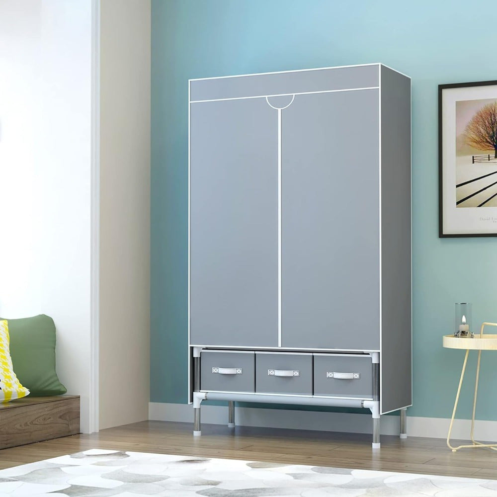 Portable Wardrobe Sliding Door Wardrobe, with Hanging Rack and Non-woven Storage Rack, with Three Drawer Boxes, No Tools Required for Assembly - 67in*35.4in*17.7in Gray, Portable Closets