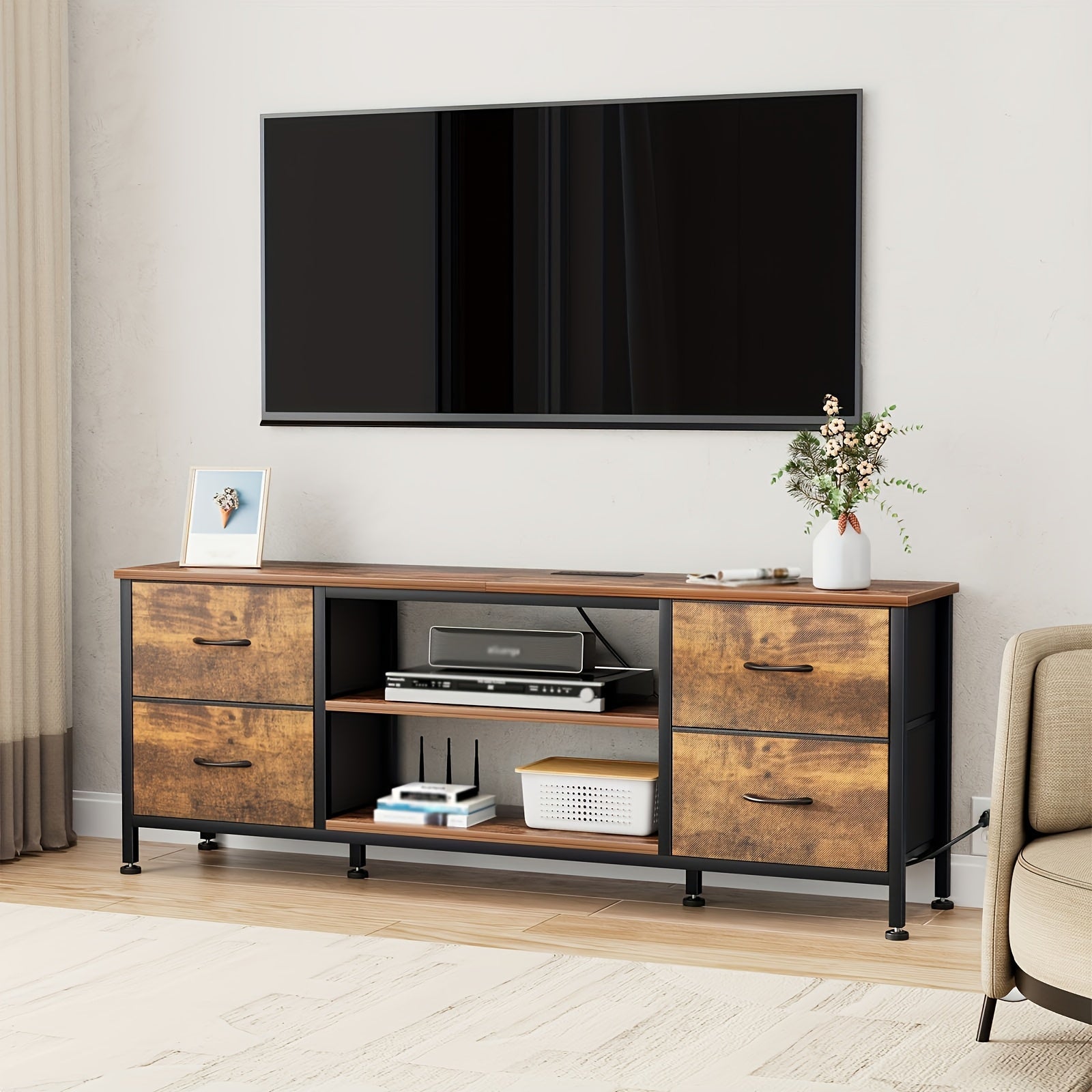 Dresser TV Stand, Entertainment Center Power Outlet With Fabric Drawers, Media Console Table With Metal Frame And Wood Top For TV Up To 60 Inch, Chest Of Drawers For Bedroom