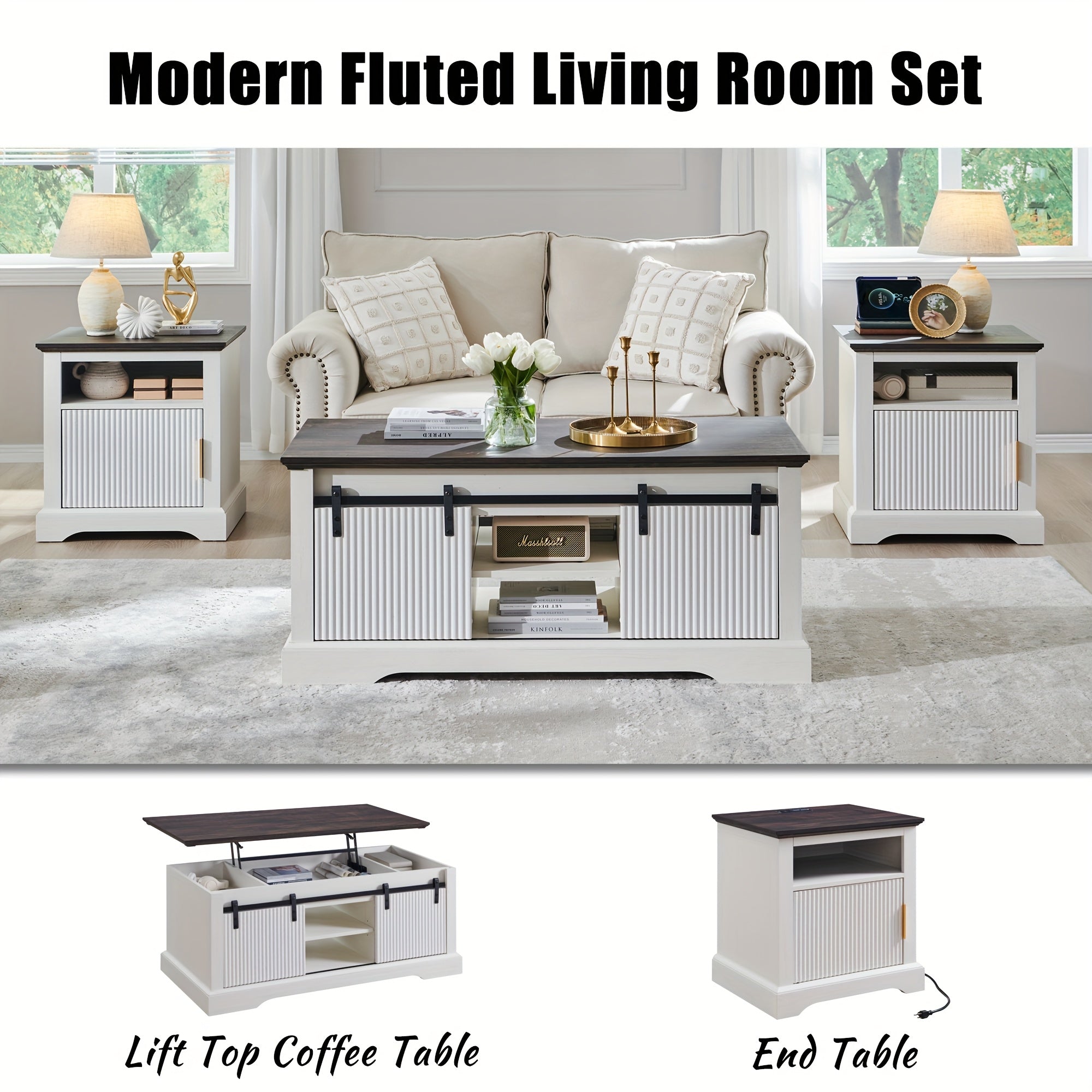 Modern 117cm Fluted Lift Coffee Table with Hidden Storage - Adjustable Height Sliding Door & Shelf Convertible Wooden