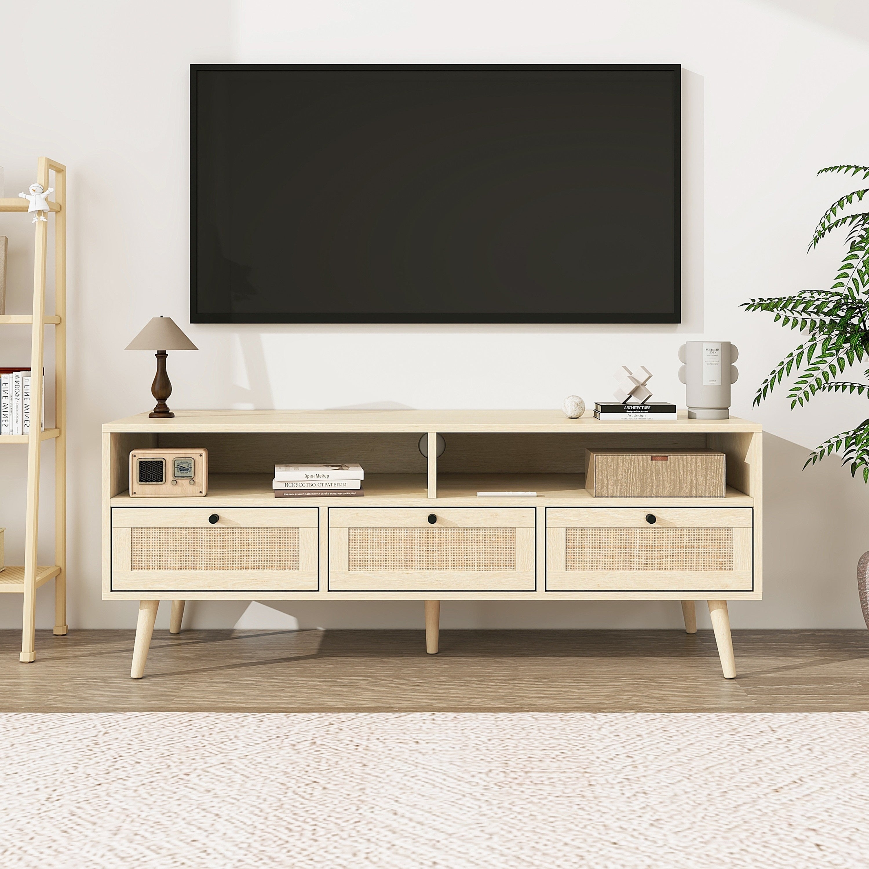 Rattan TV Stand with Solid Wood Feet, TV Console Table for Living Room