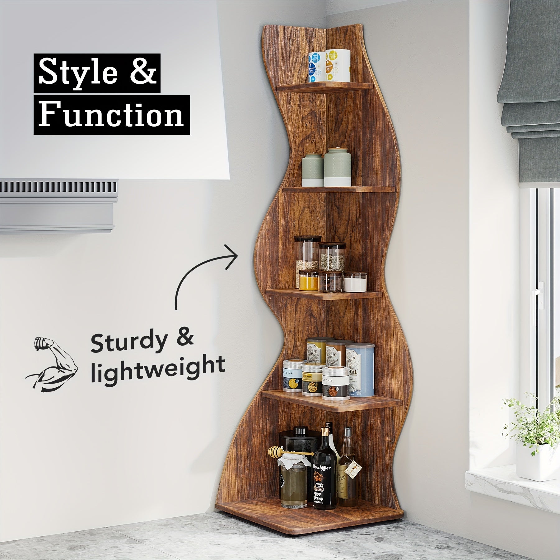 Rustic 5-Tier Wooden Corner Shelf - Space-Efficient Wall-Mounted Bookshelf with Unique Sea Grass Design Perfect