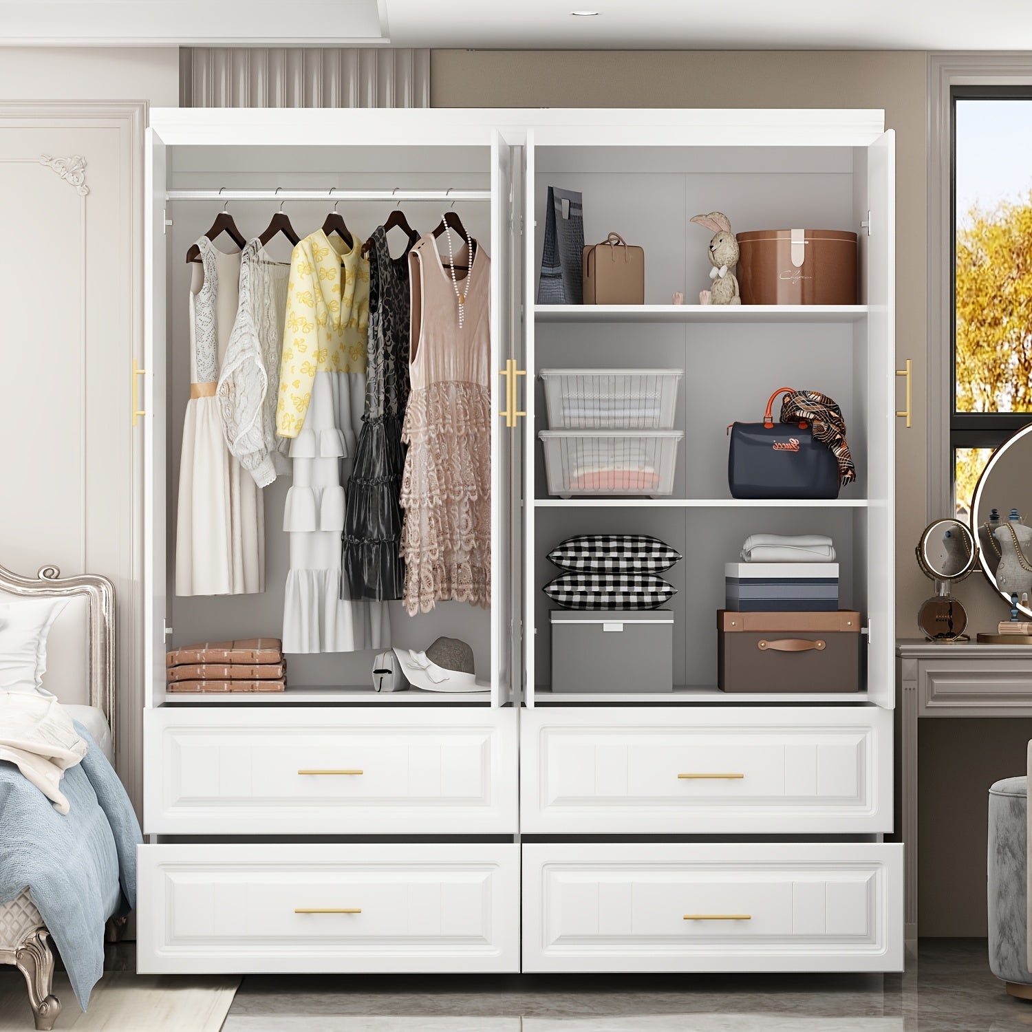 Spacious Modern White Armoire Combo Wardrobe - Large Storage Capacity with Hanging Rod, 5 Compartments & 4 Drawers, Durable Engineered Particle Board, Elegant Golden Handles, for Bedroom & Dorm, Clothe