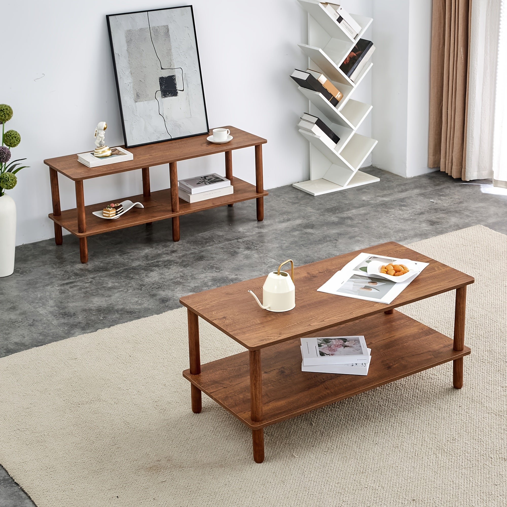 2-Tier Coffee Table For Living Room Walnut Wood Coffe Table With Open Storage Shelf Living Room Table Rectangular