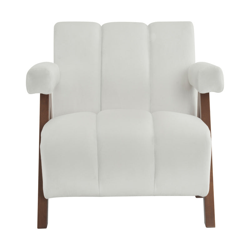 Mid Century Modern Accent Chair with Solid Wood Frame, Upholstered Living Room Chairs with Thick Cushion, Comfy Tufted Arm Chair for Bedroom, Living Room, Velvet, Ivory