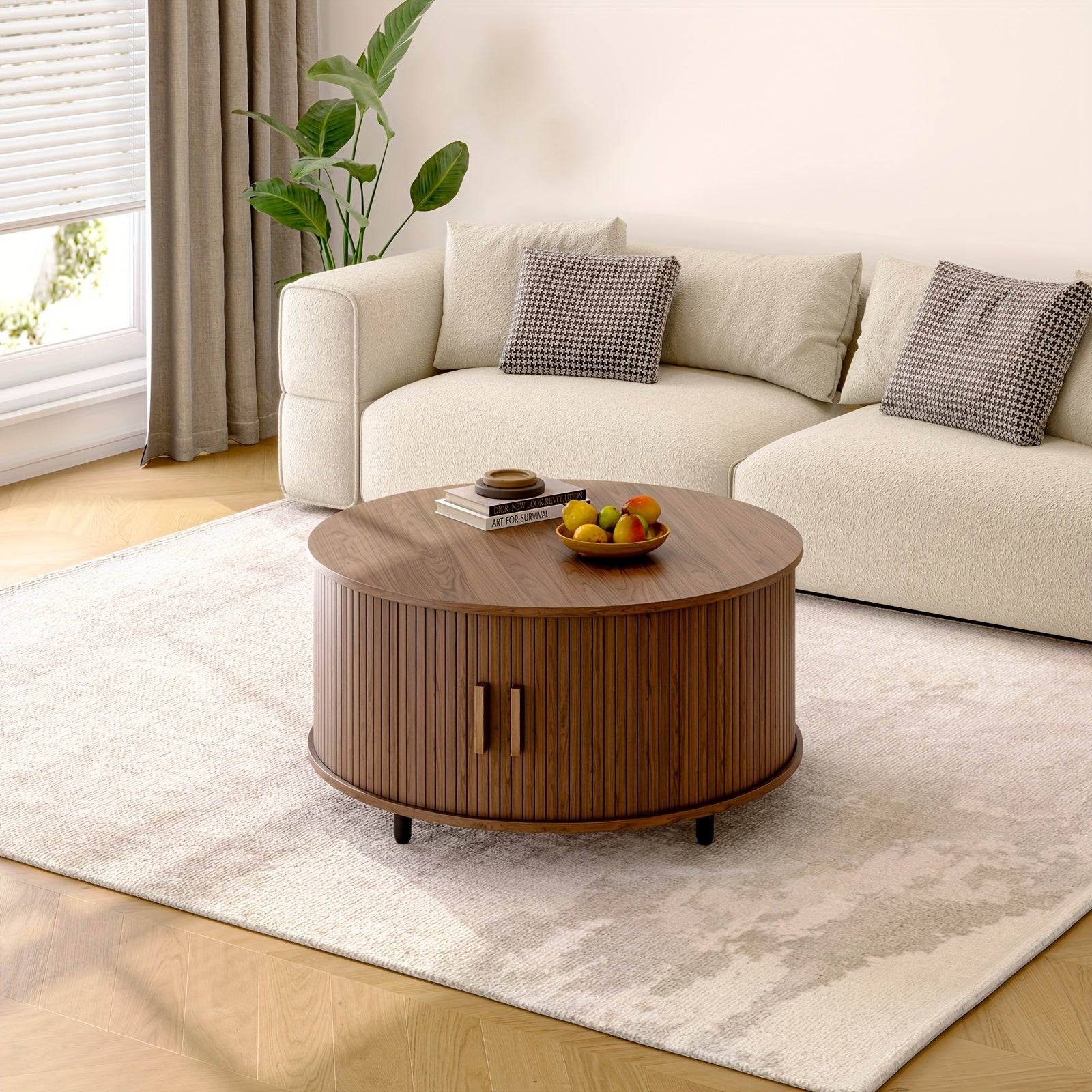 Modern Round Coffee Table with Storage, Solid Wood & Metal Frame, Engineered Wood Top, Space-Saving Design, Hardwood Construction, with Grooved Walnut Finish for Living Room