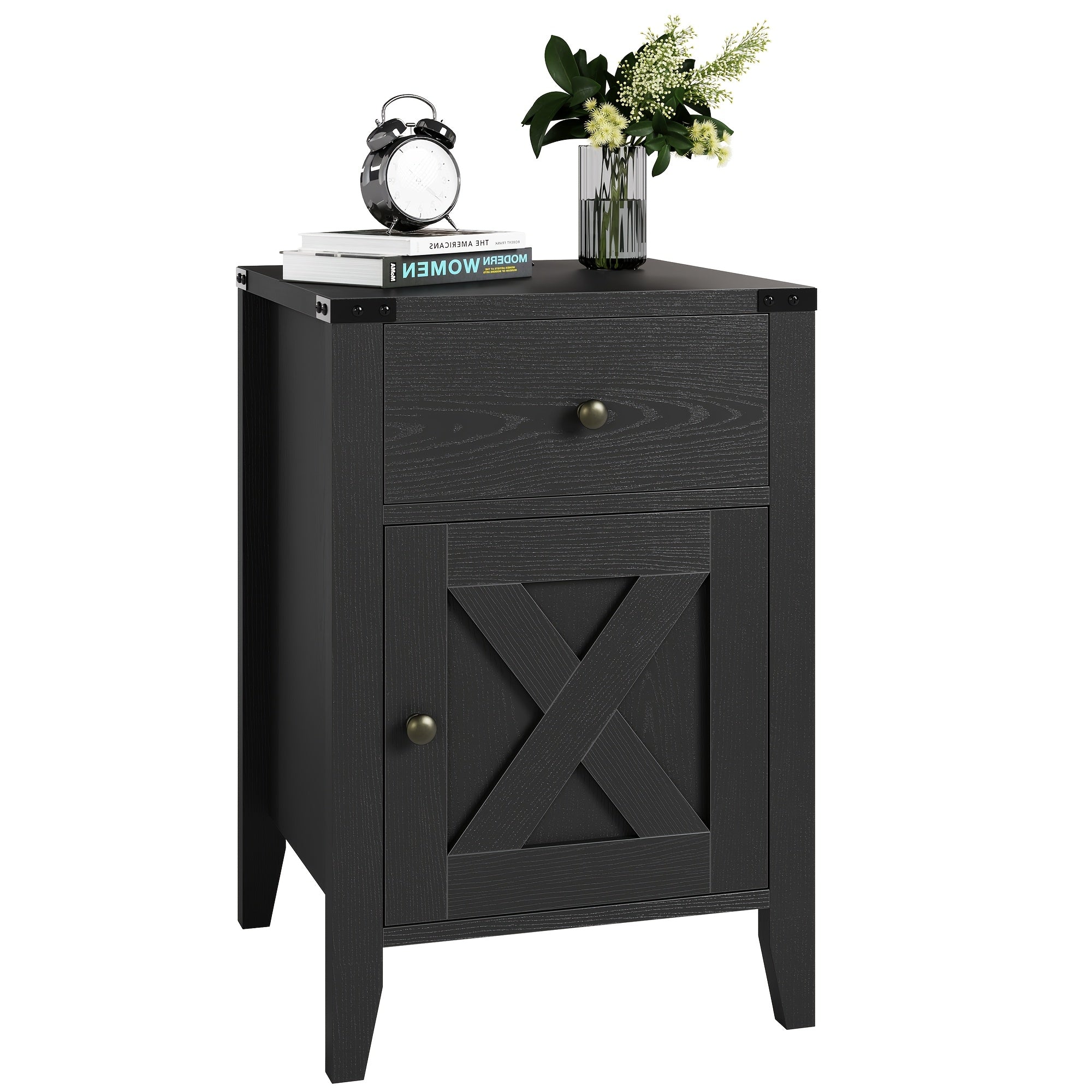 Farmhouse 23.6'' H Black Nightstand, Bed Side Table With Drawers & Storage Cabinet, End Table (1 PC/ 2 PCS) Black