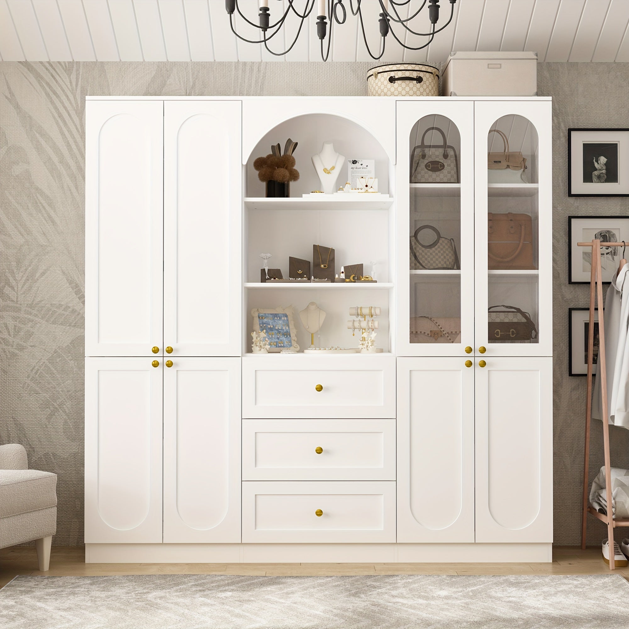 Large Wardrobe Armoire Wooden Closet With 3 Drawers & Open Shelves, Storage Cabinet With Glass Doors & Arch Pattern, Large Storage Space, Stylish And Modern Design, White