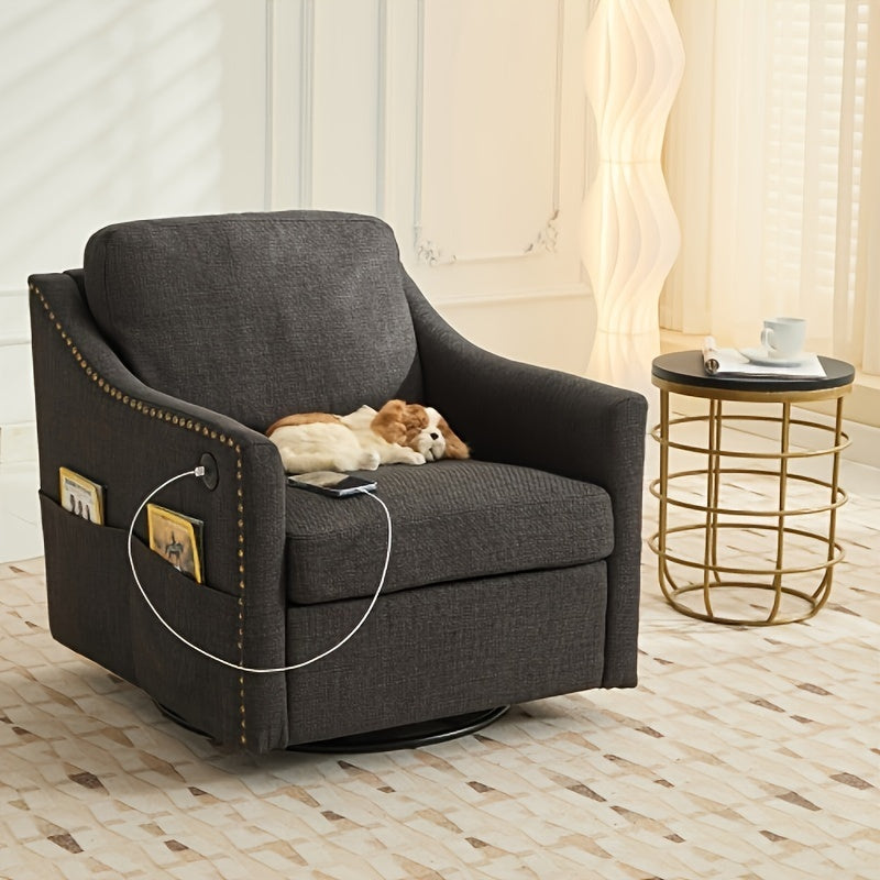 Dark Gray 360 Degree Swivel Armchair With USB And Magazine Book, Suitable For Living Room And Hotel Bedroom, Upholstered Armchair With Copper Nails