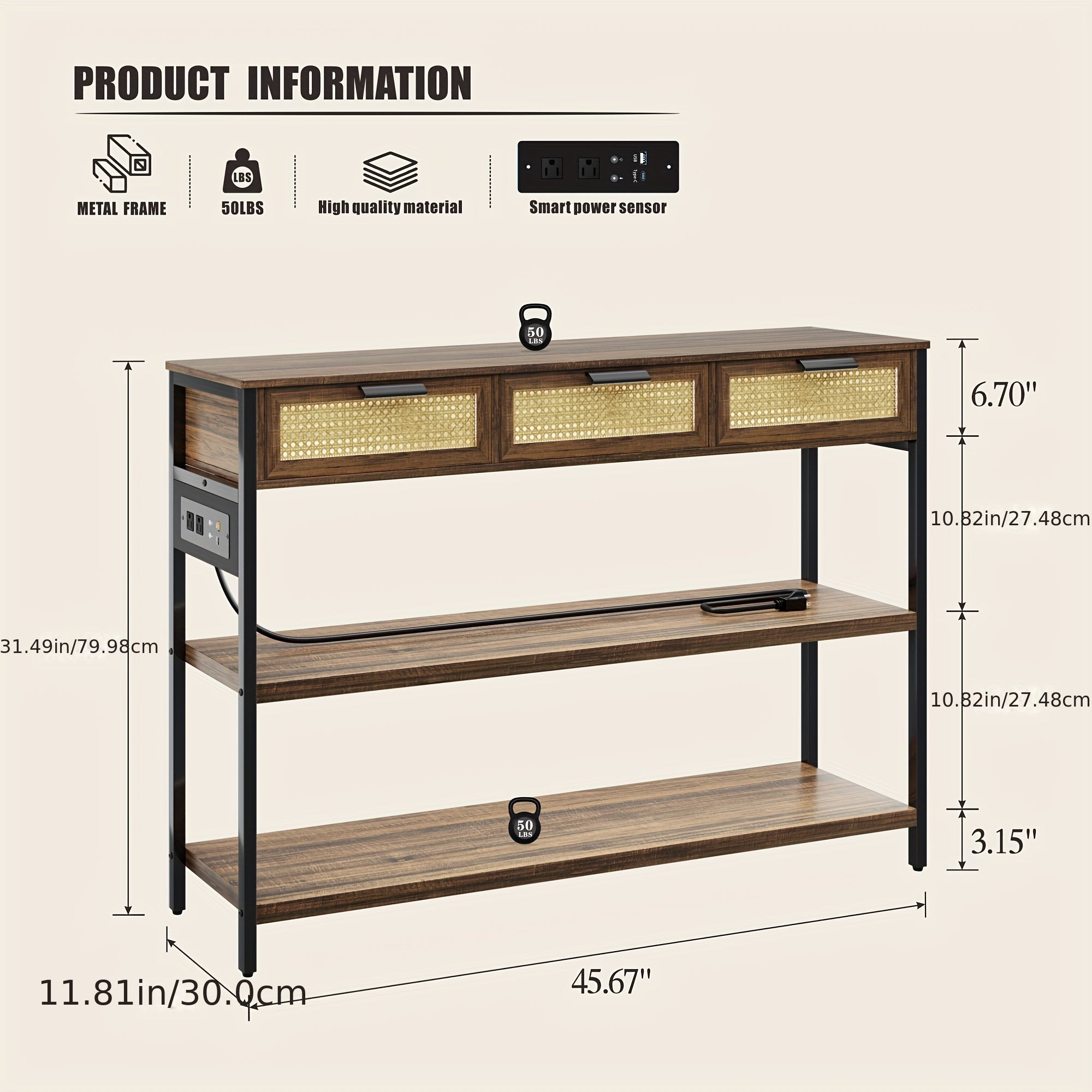 Entryway Table With Outlets And USB Ports, Console Table With 3 Rattan Drawers And Lights, Narrow Sofa Table With 3 Tier Storage Shelves For Hallway/Couch/Living Room/Kitchen - Rustic Brown