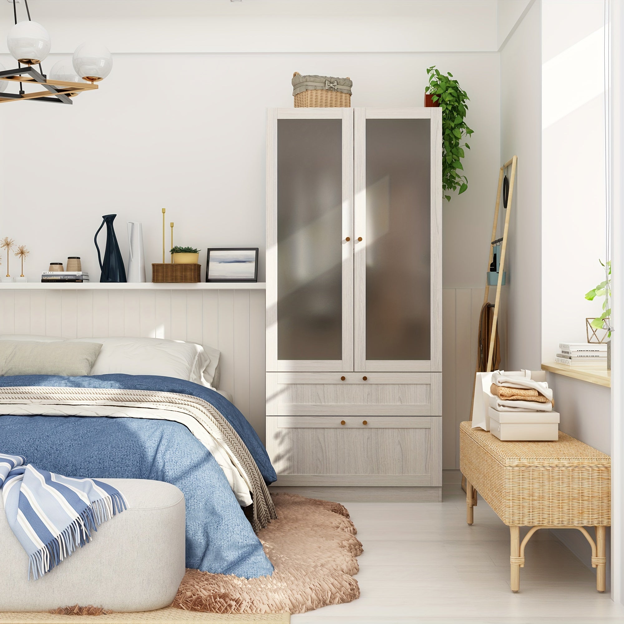 1pc Wardrobe Closet With Frosted Glass Doors, Hanging Bar & 2 Drawers, Bedroom White Wooden Closet Storage Cabinet, 31.5X19.88X70.87inch, Frosted Glass Appears To Be Transparent But Not Transparent, With A Top Cabinet, Side C