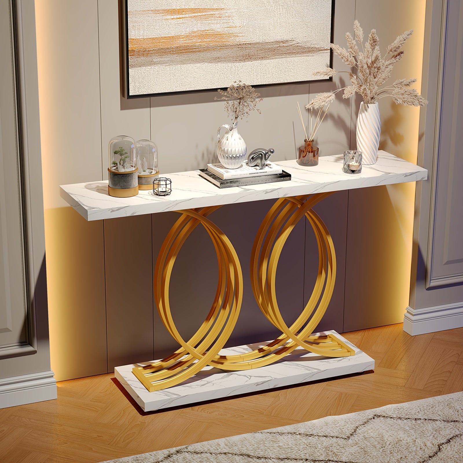 55 Inch Console Table For Hallway, Faux Marble Golden Entryway Table With Geometric Metal Base, Modern Narrow Sofa Accent Table For Entrance, Living Room, Foyer (White & Golden)