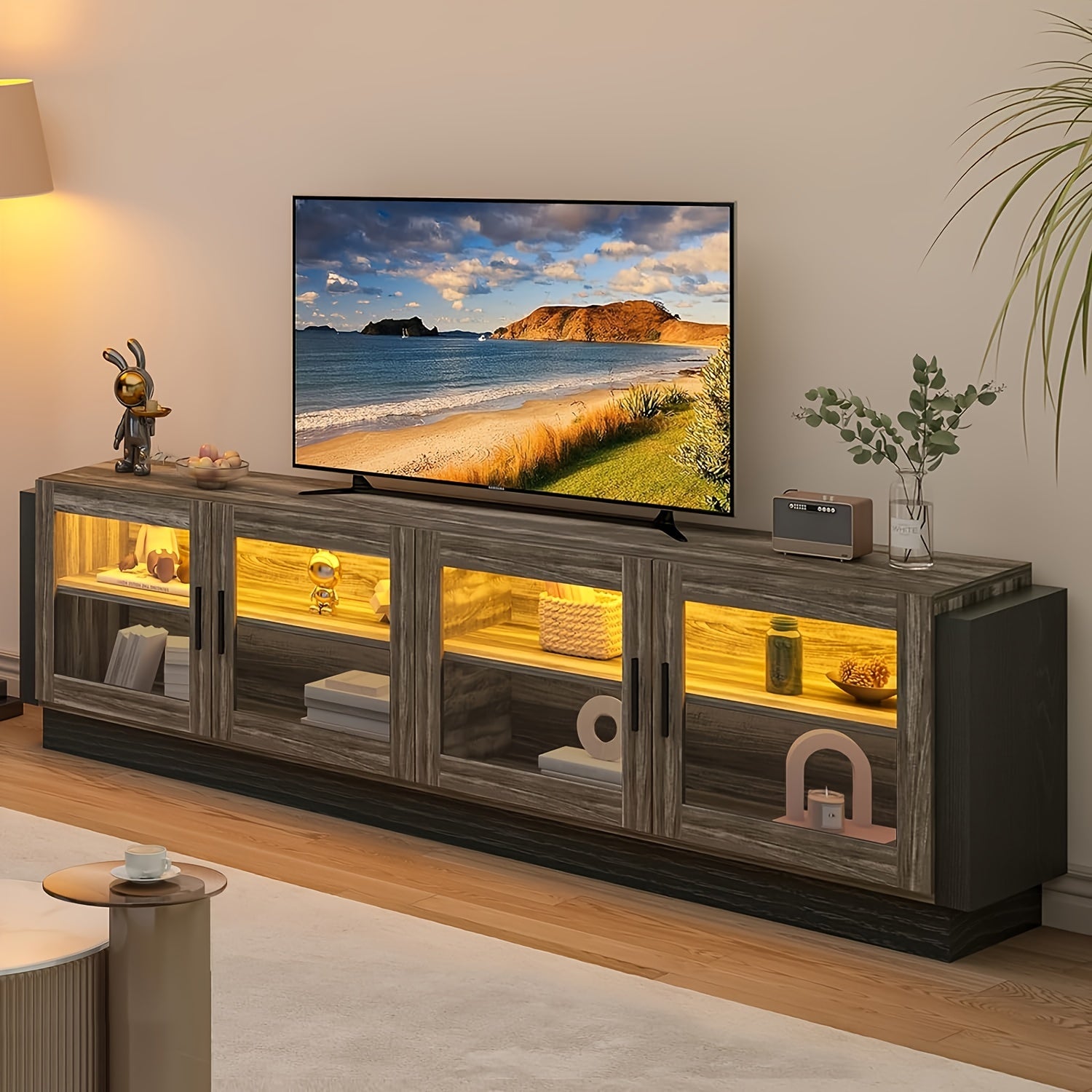 TV Stand for TVs up to 75 Inch, 70'' Entertainment Center for 75+ Inch TV with LED Storage TV Cabinet with 4 Glass Doors, LED TV Stands for Living Room, Bedroom