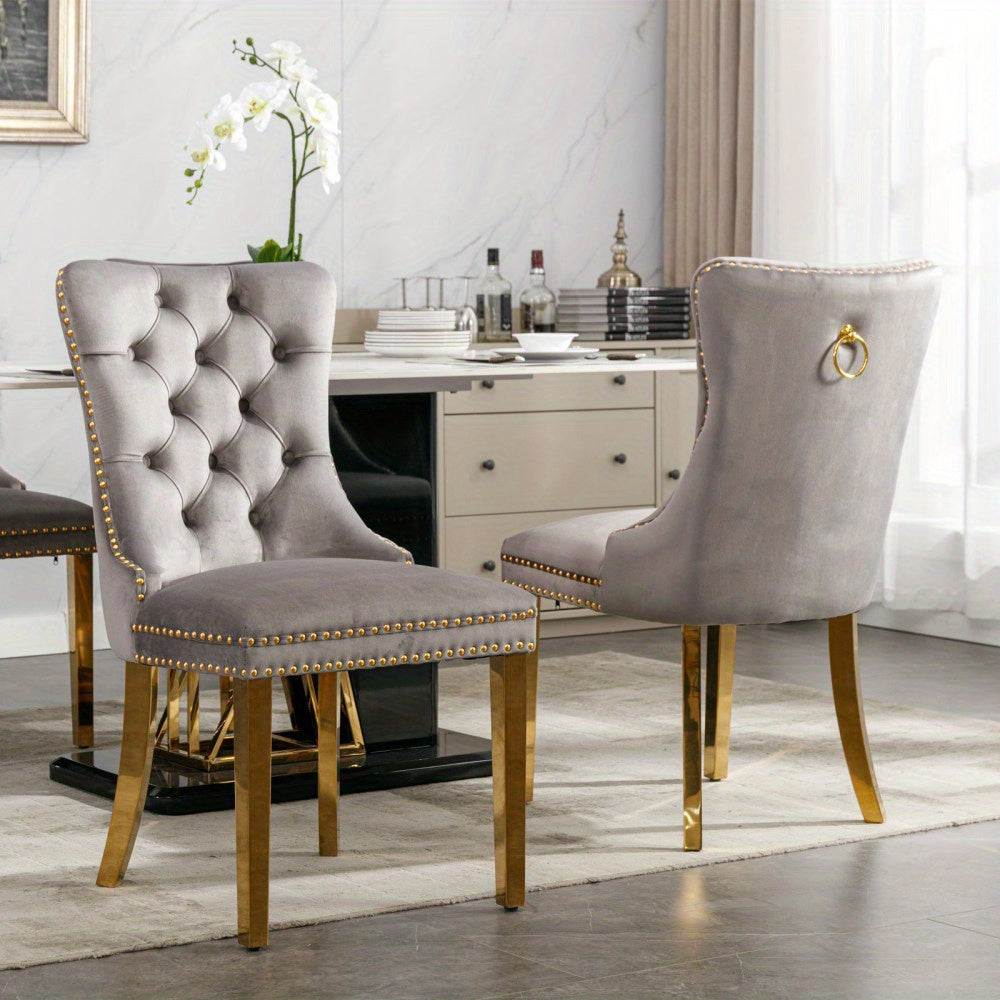 2pcs Chairs High-end Tufted Nailhead Trim Contemporary Velvet Upholstered Dining Chair With Golden Stainless Steel